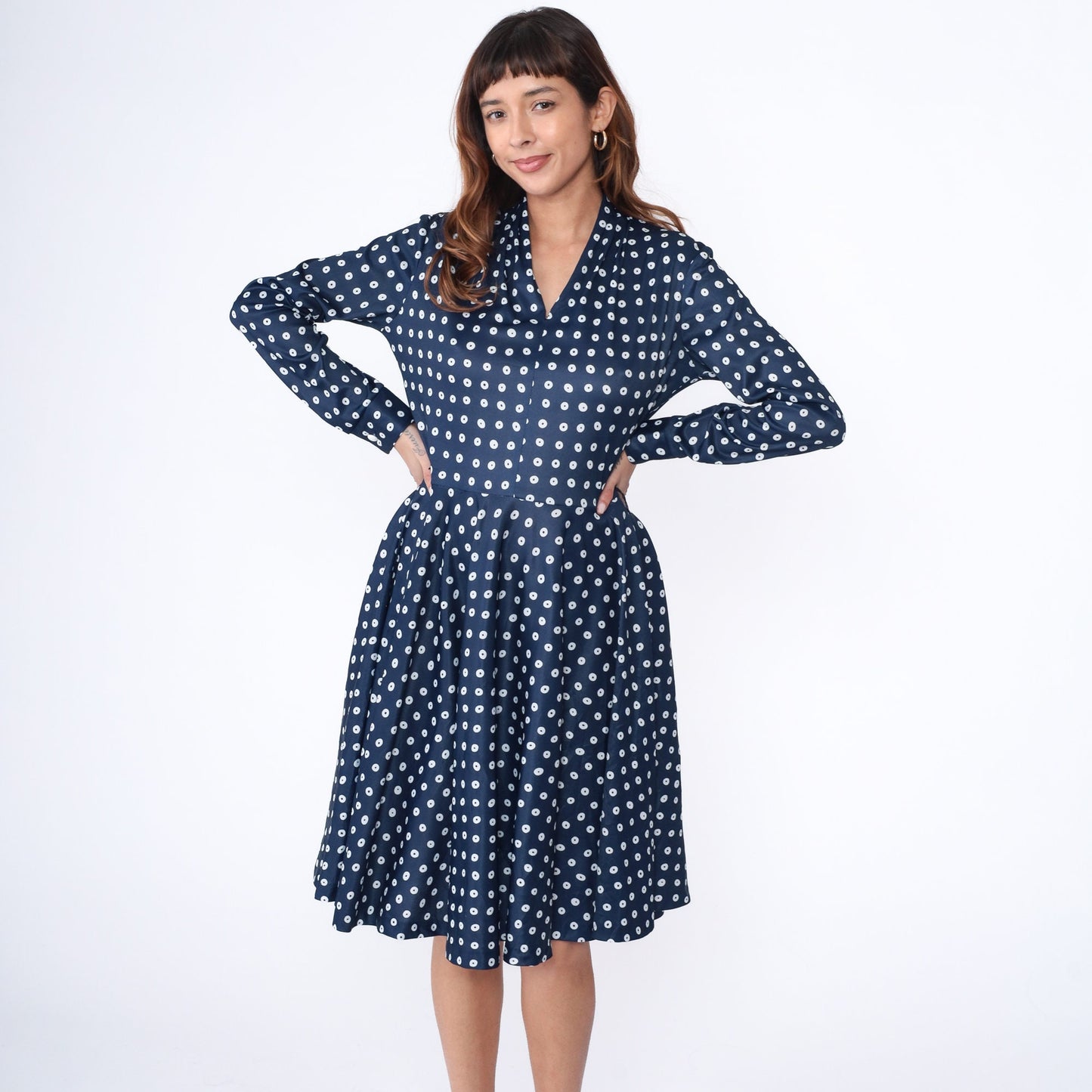 70s Navy Polka Dot Midi Dress V-Neck High Waist Flared Long Sleeve Medium
