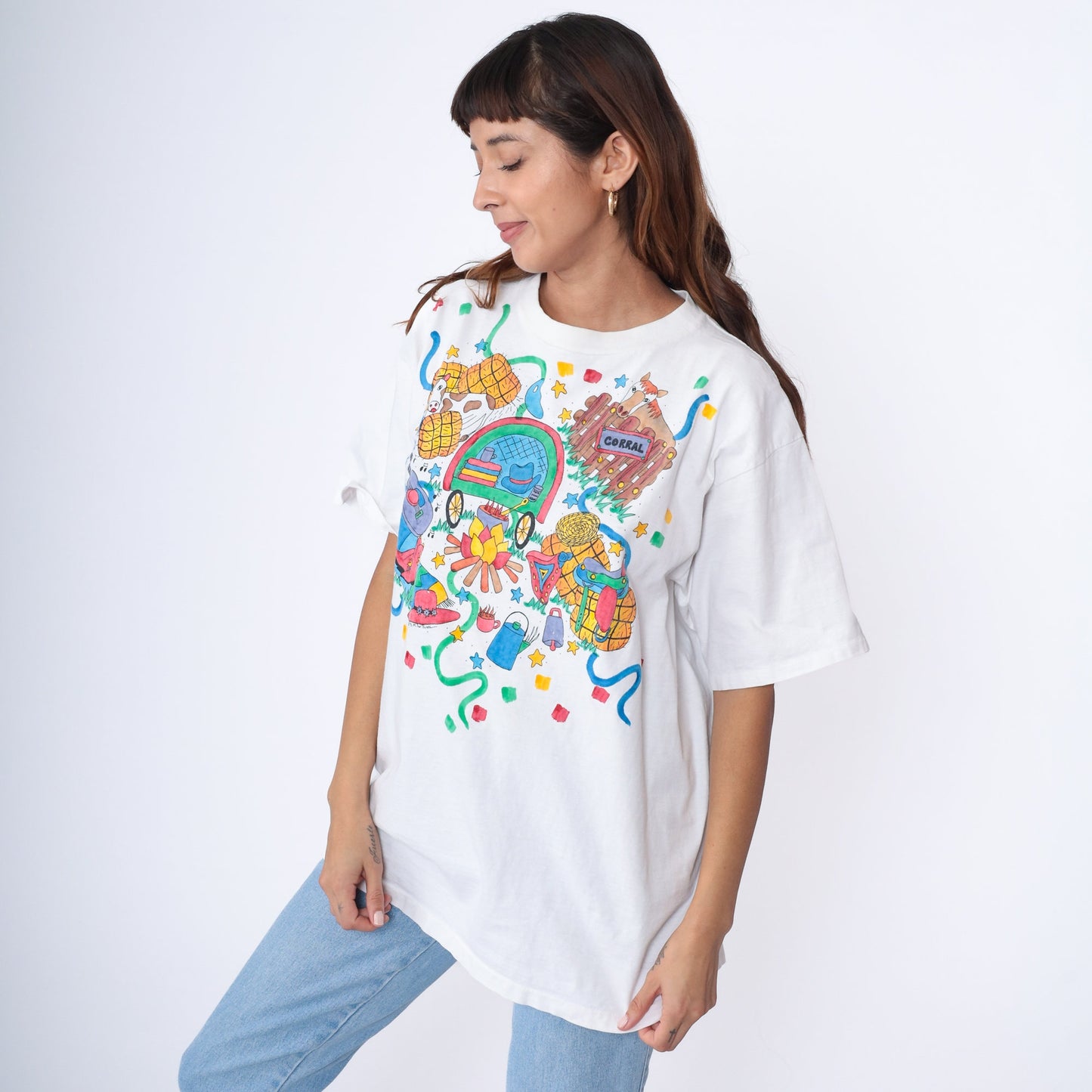 90s Western Hand Painted Graphic T-Shirt Cow Horse Campfire White Large