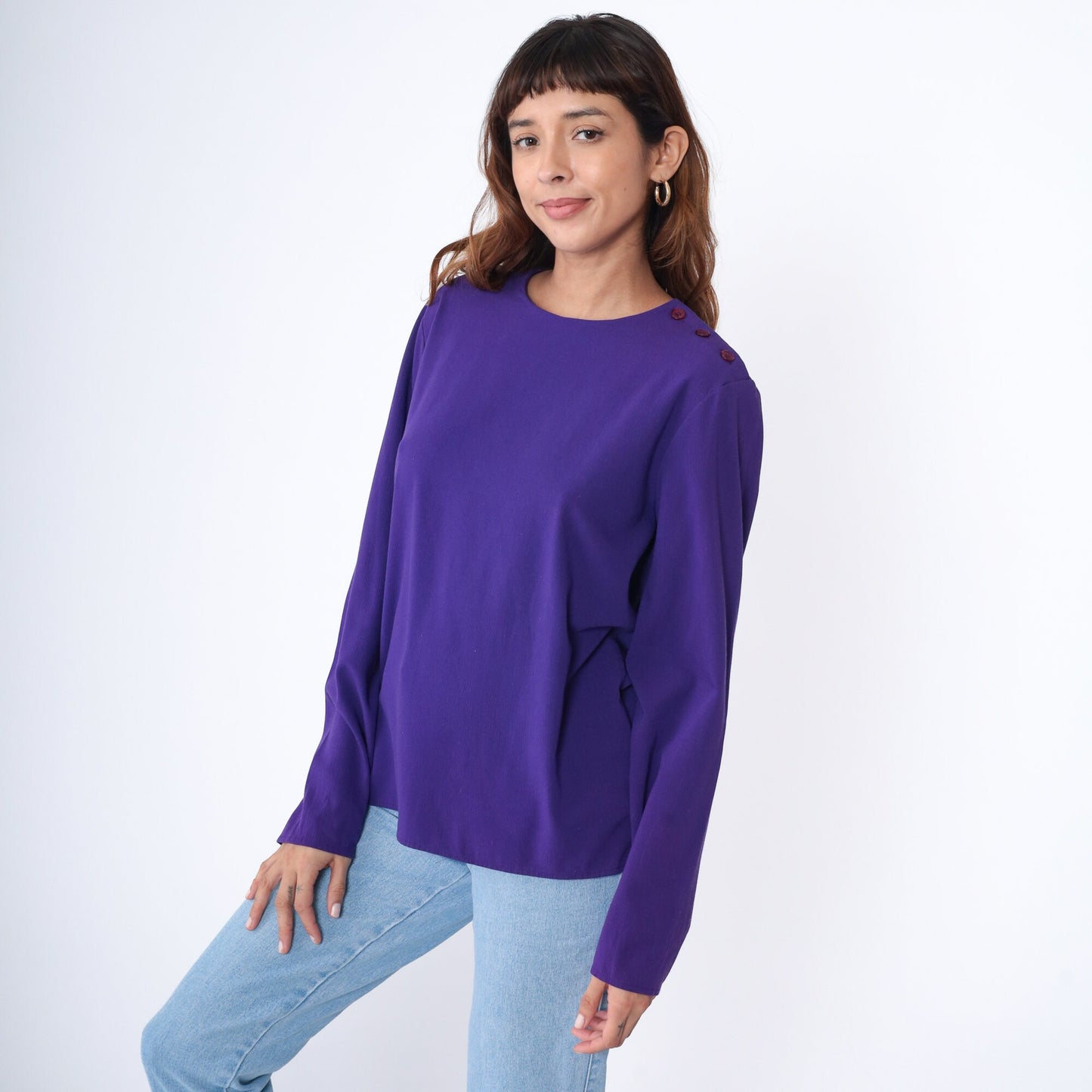 90s Purple Blouse Shoulder Button Long Sleeve Pullover Top Extra Large