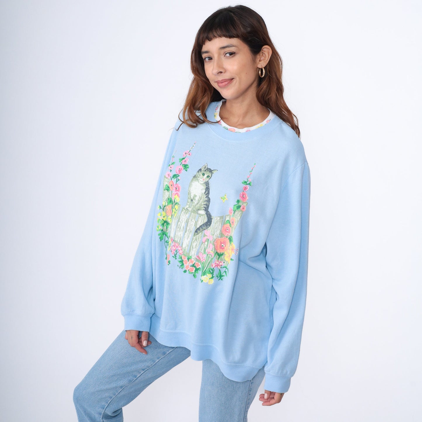 90s Cat Floral Garden Sweatshirt Baby Blue Graphic Crewneck Extra Large XXL