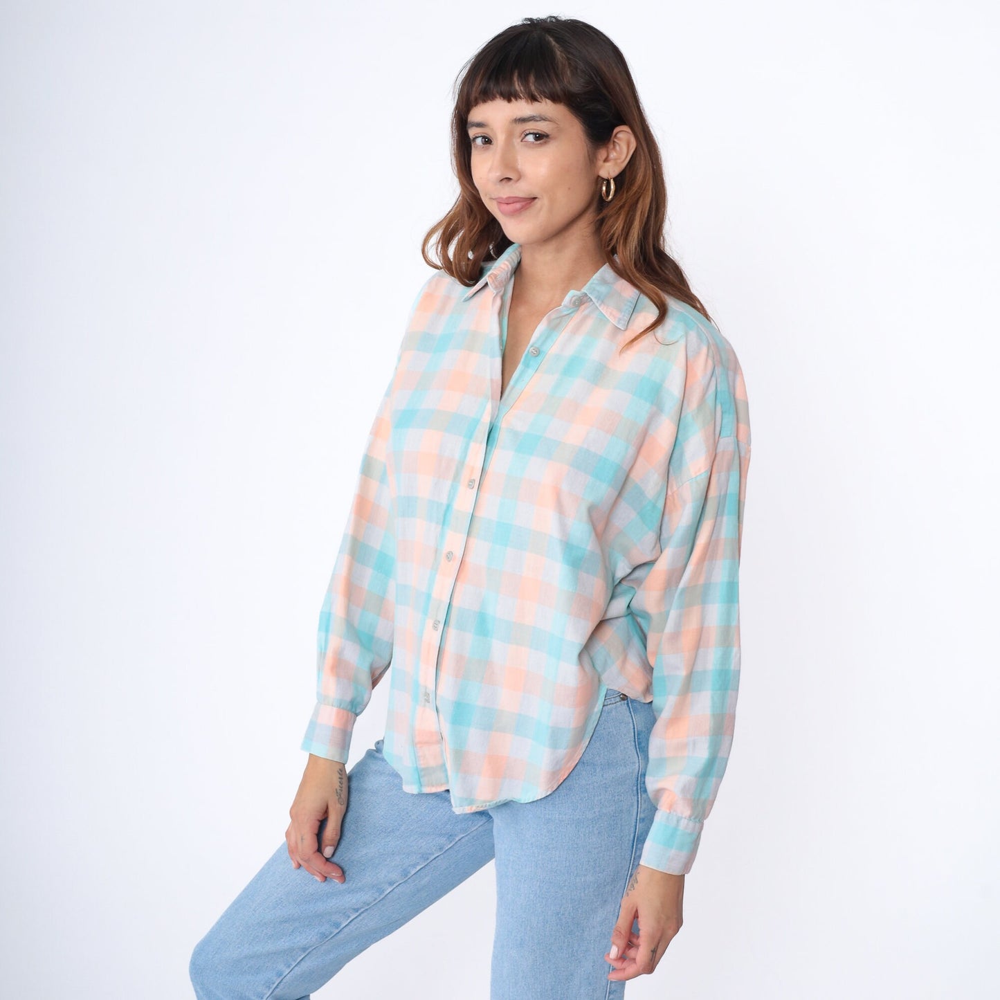 90s Buffalo Check Button Up Blouse Peach Aqua White Cotton Medium