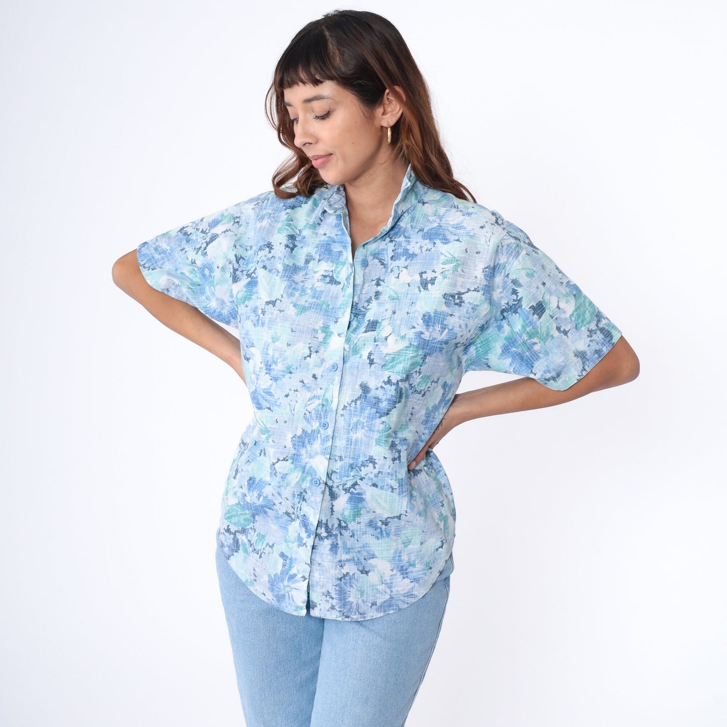 90s Blue Floral Button-Up Shirt Cotton Blend Short Sleeve Medium