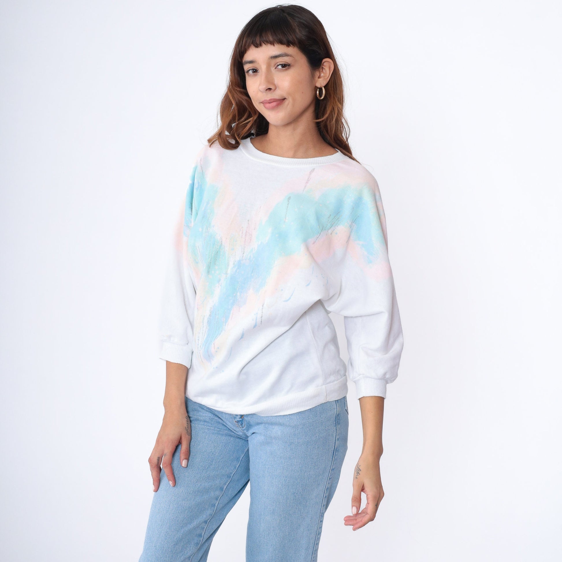 80s White Sweatshirt Pastel Chevron Glitter Paint Batwing Sleeve Medium