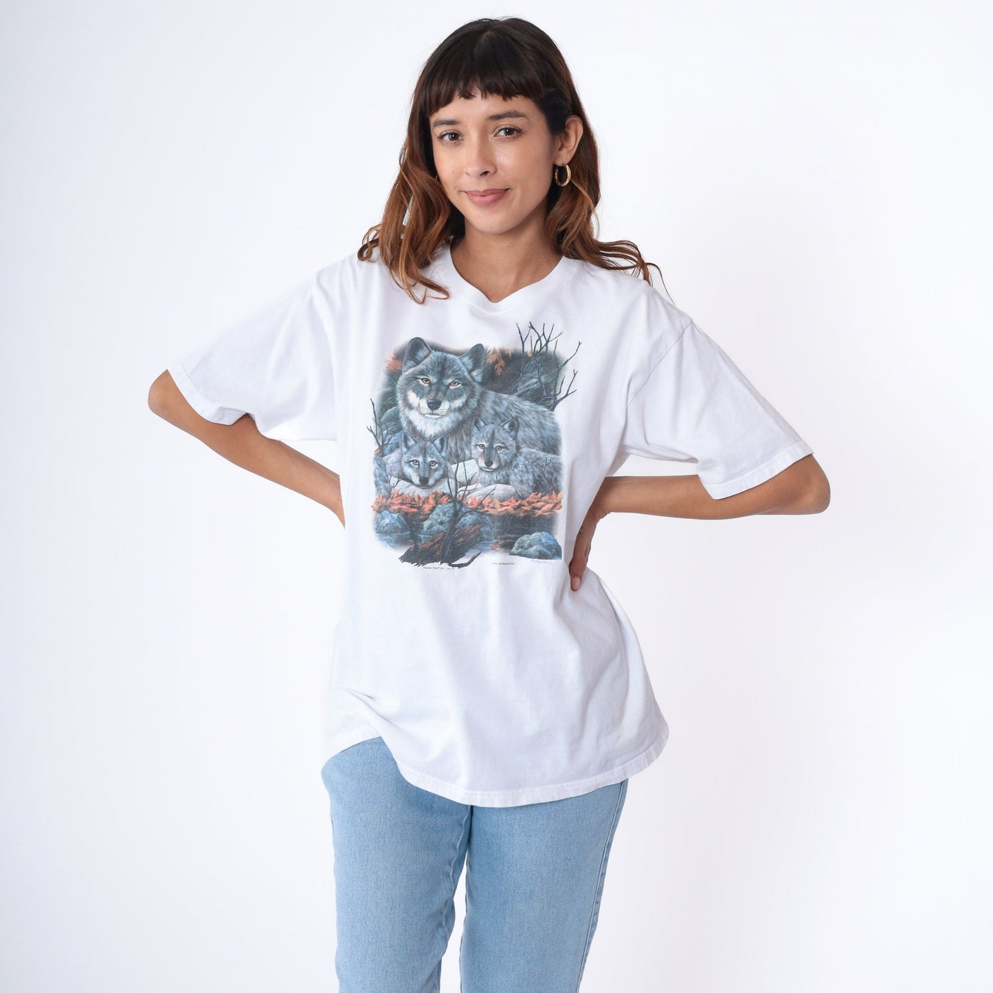 Y2K Wolf Pup Graphic T-Shirt White Cotton Wildlife Tee Large L