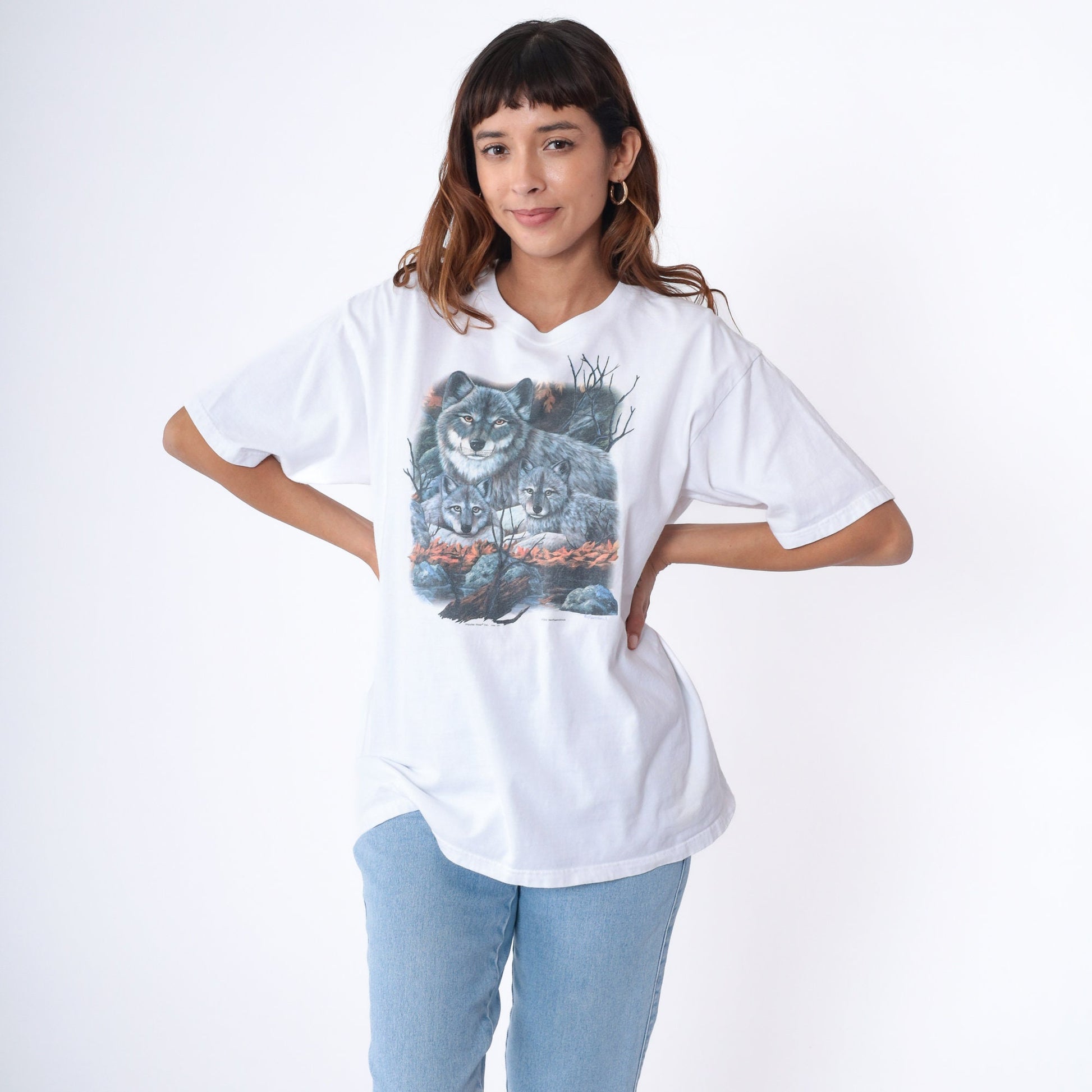 Y2K Wolf Pup Graphic T-Shirt White Cotton Wildlife Tee Large L