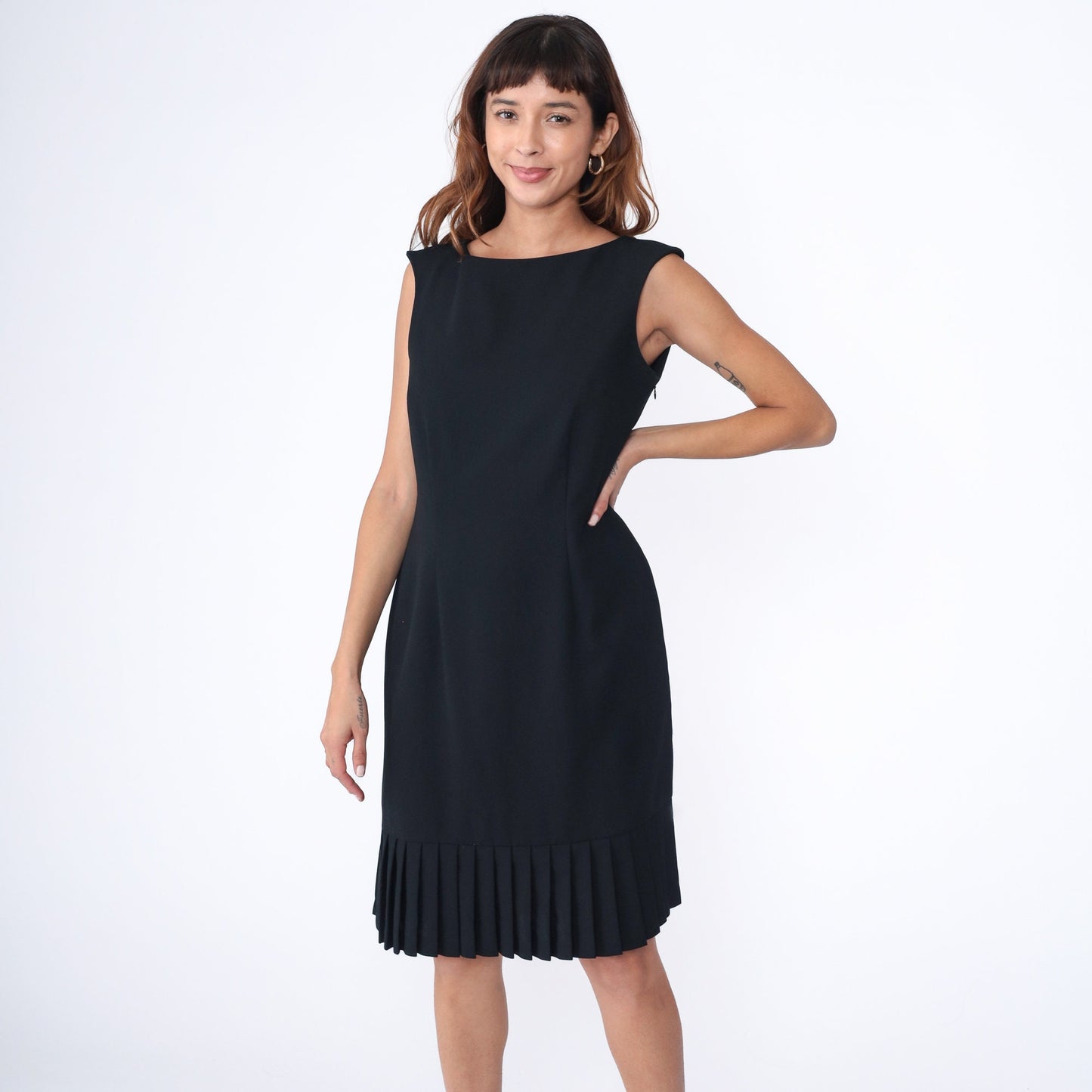 Y2K Black Sheath Dress Drop Waist Pleated Sleeveless Mini Large 12