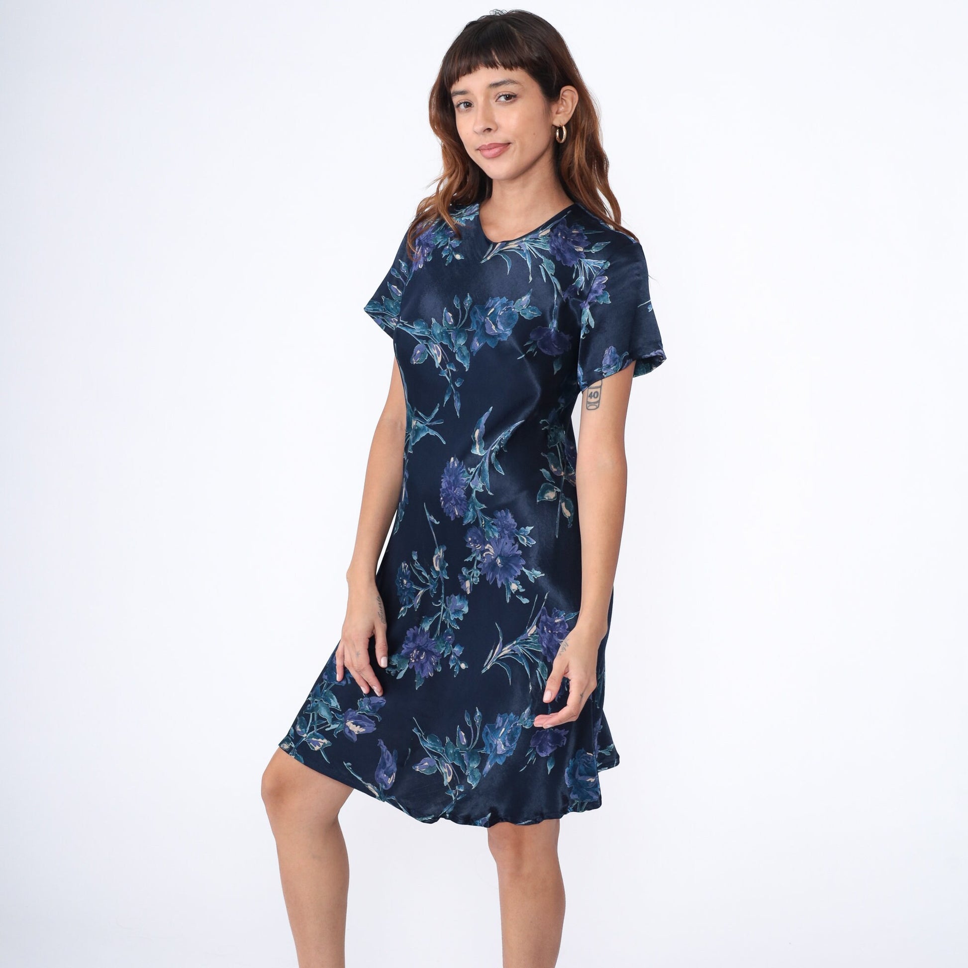 00s Laura Ashley Floral Sheath Dress Navy Knee-Length Sleeveless Medium 8