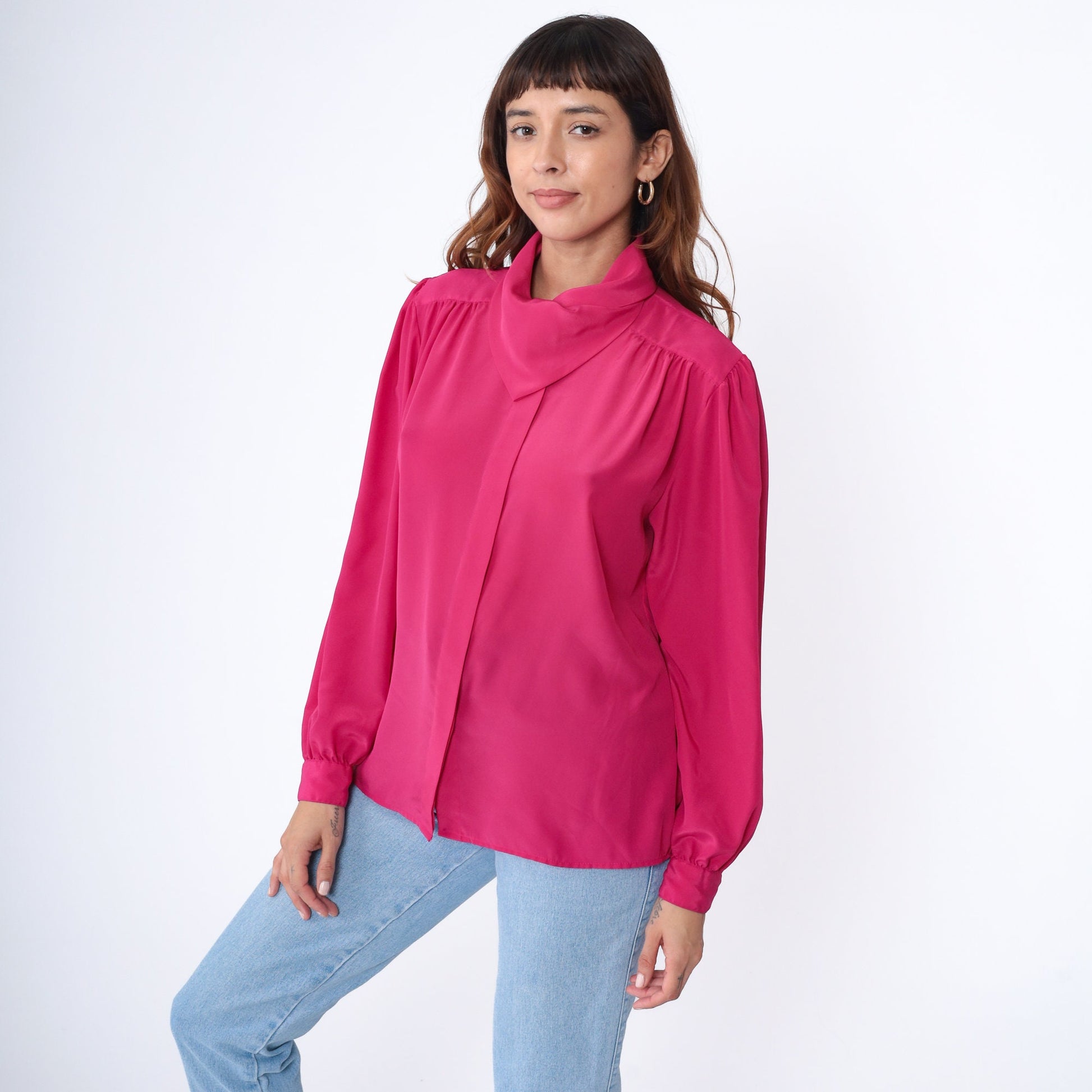 90s Fuchsia Pink Puff Sleeve Blouse Scarf Neck Hidden Button Small