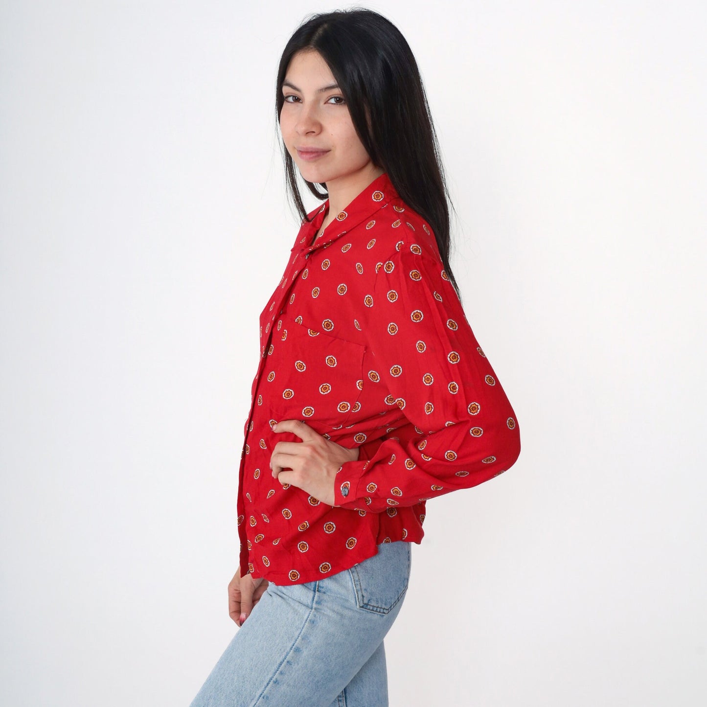 90s Abstract Floral Print Button Up Blouse Red Rayon Long Sleeve Medium