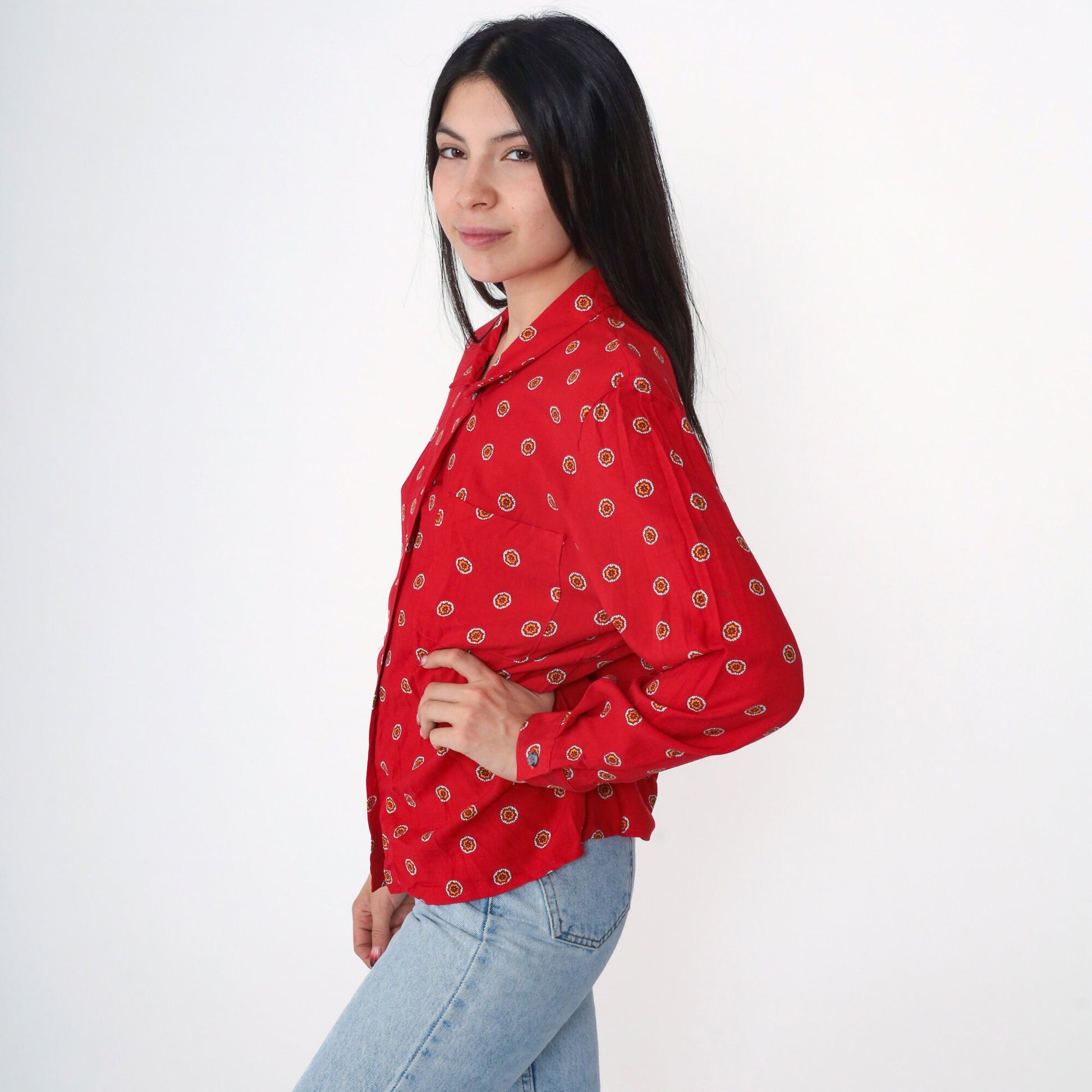 90s Abstract Floral Print Button Up Blouse Red Rayon Long Sleeve Medium