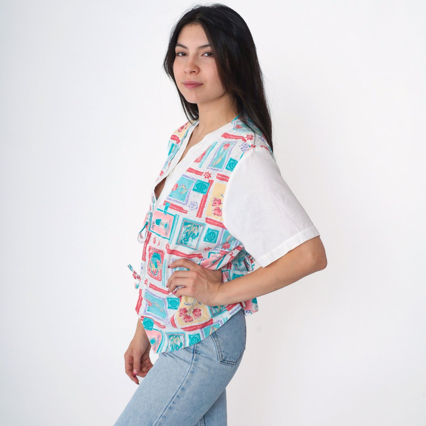 90s Floral Garden Print Button Up Blouse White Attached Vest Medium