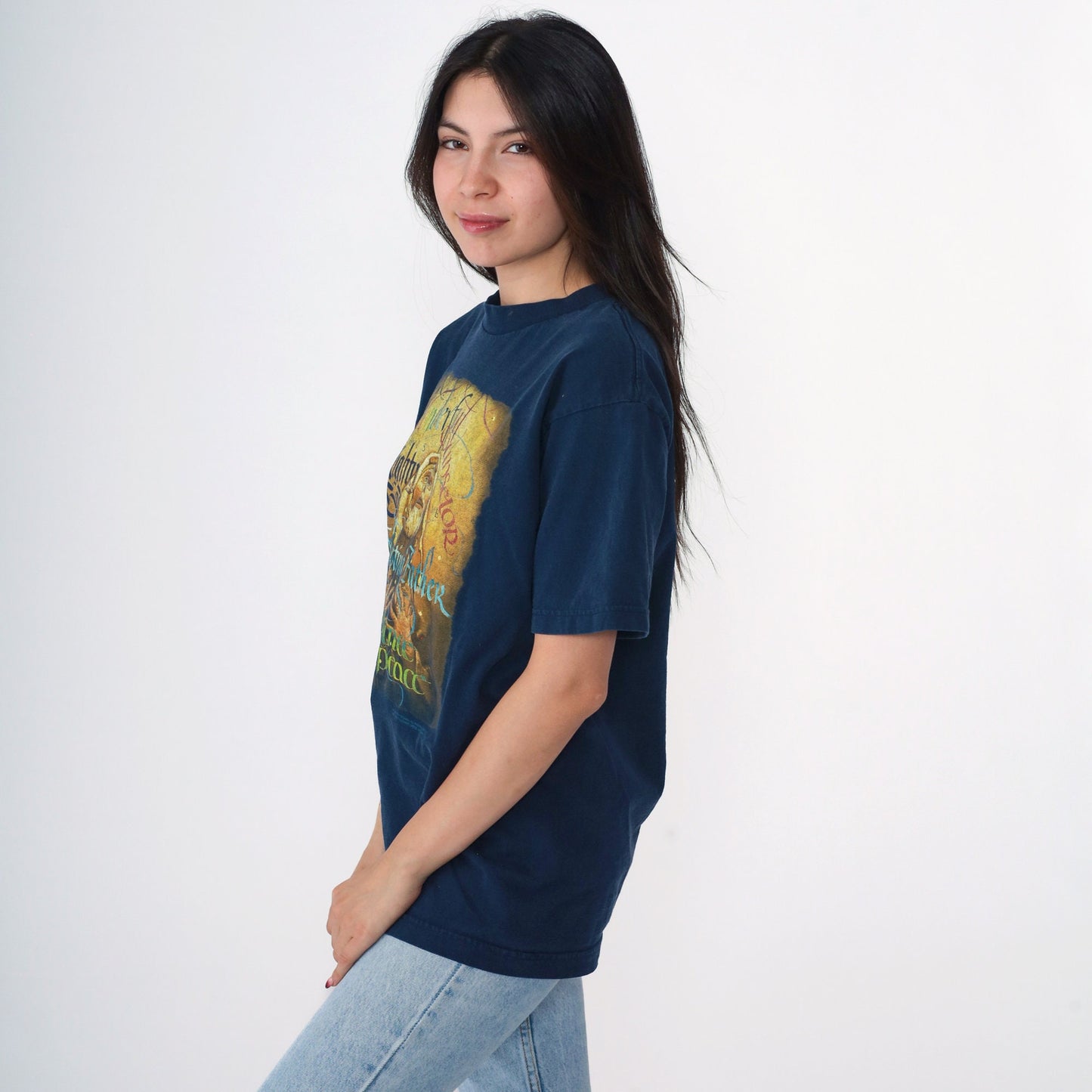 Y2K Jesus Christ Navy Graphic T-Shirt Wonderful Counselor Medium