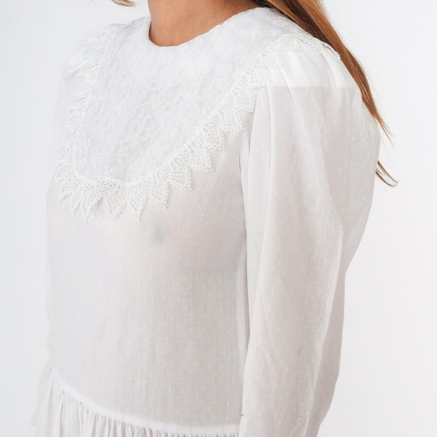 80s White Polka Dot Midi Dress Puff Sleeve Lace Bib Low Waist Small