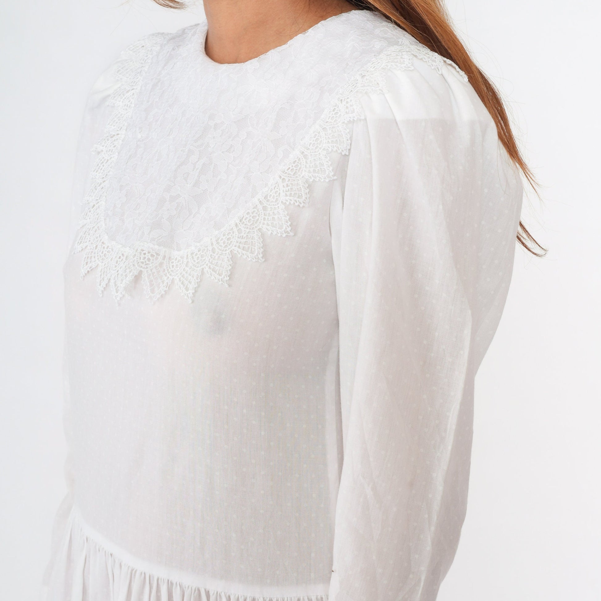 80s White Polka Dot Midi Dress Puff Sleeve Lace Bib Low Waist Small