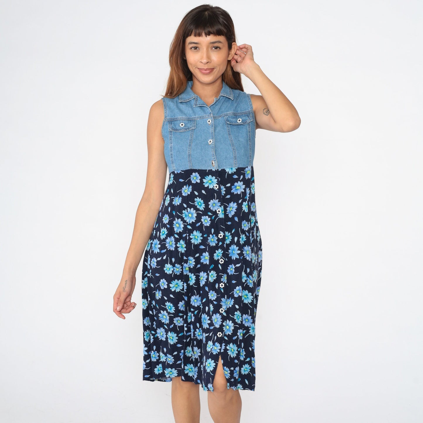 90s Floral Denim Midi Dress Button Up Empire Waist Blue Rayon Extra Small