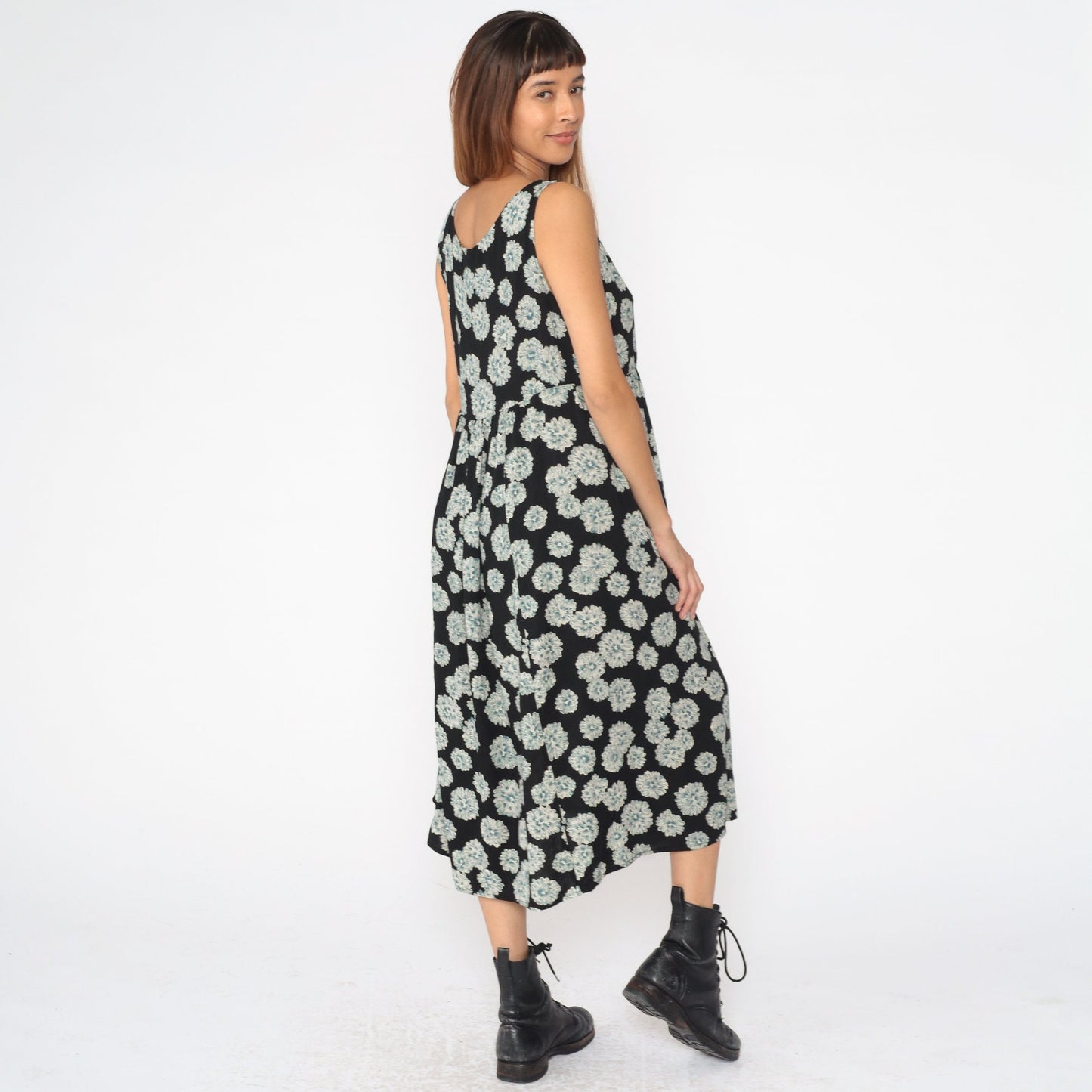90s Floral Midi Dress Black Rayon High Waist Sleeveless Large L