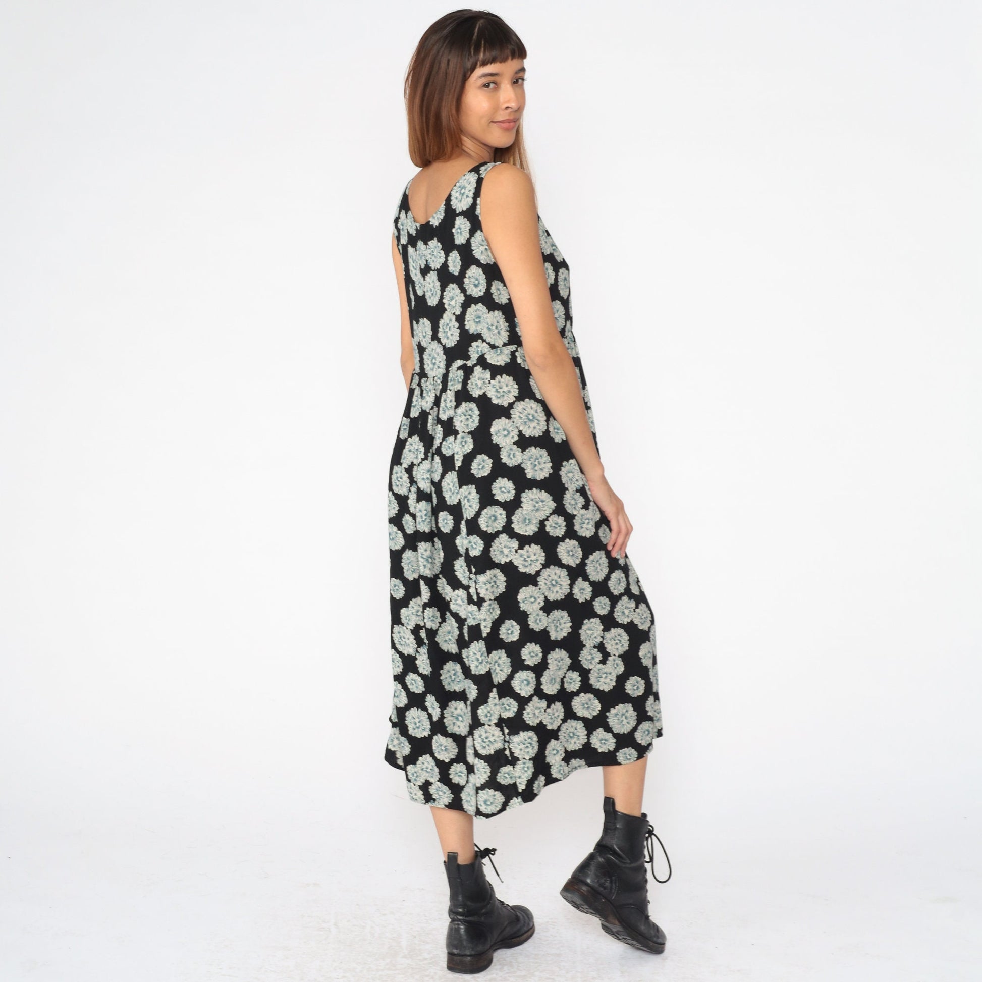 90s Floral Midi Dress Black Rayon High Waist Sleeveless Large L