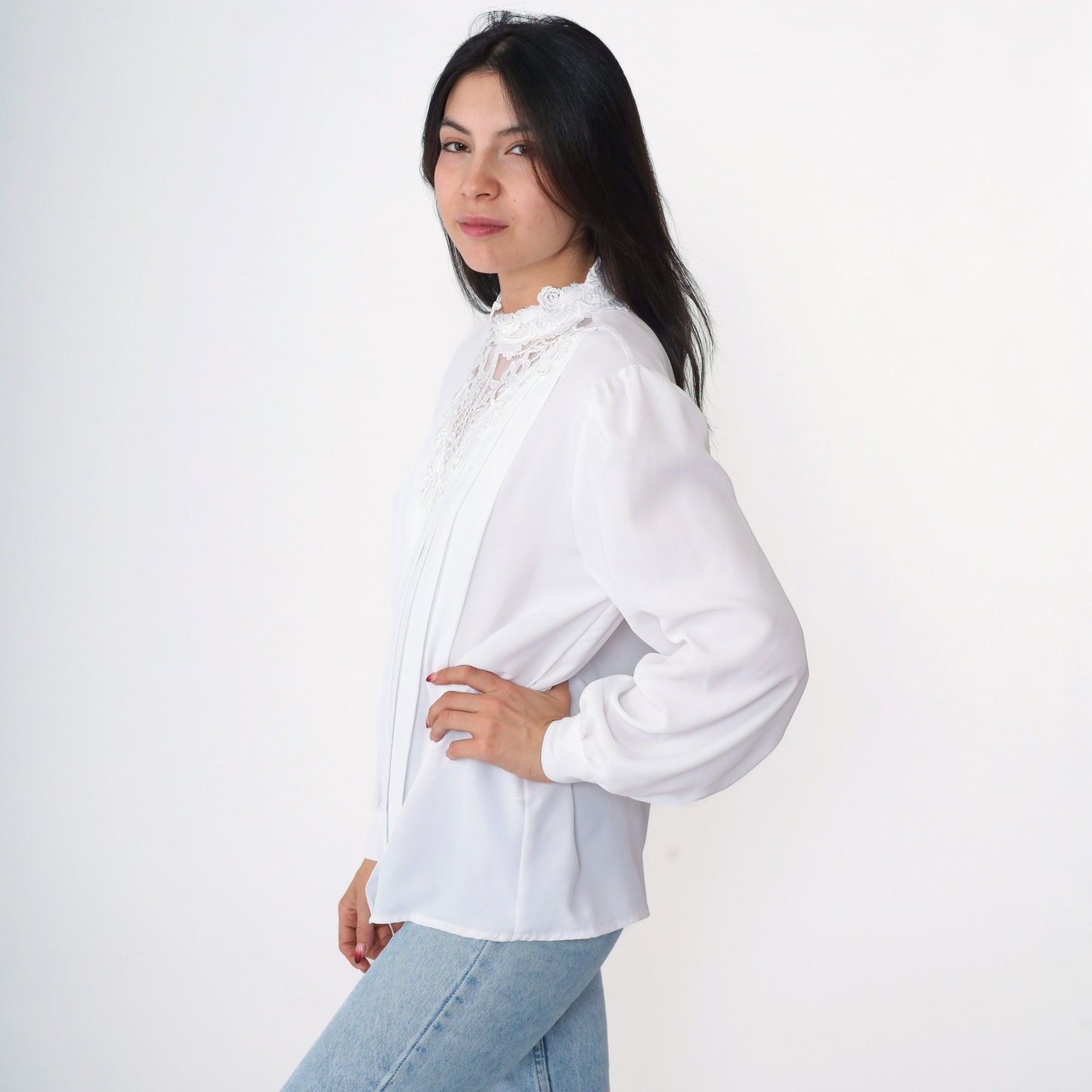90s White Lace Collar Blouse Puff Sleeve Pleated Front Small