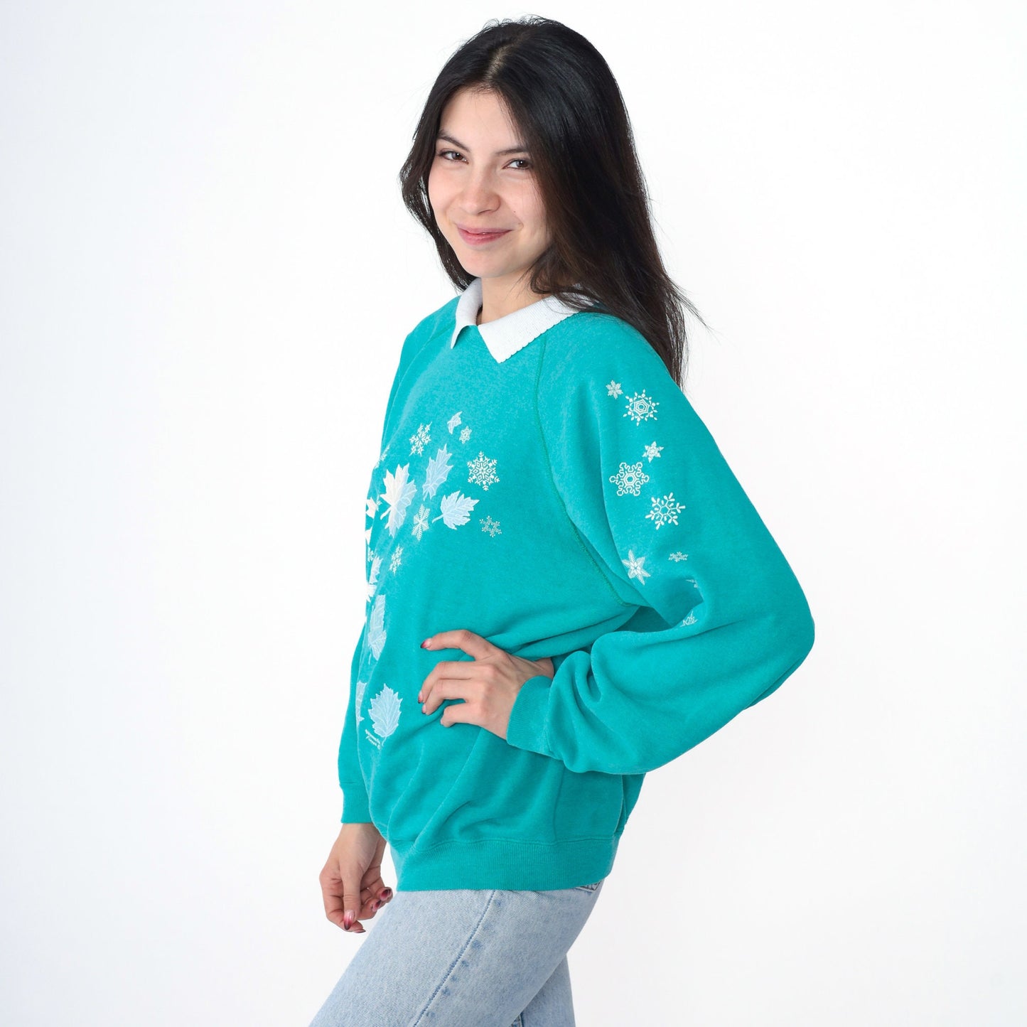 90s Leaf Snowflake Print Sweatshirt Teal Green Graphic Crewneck Large