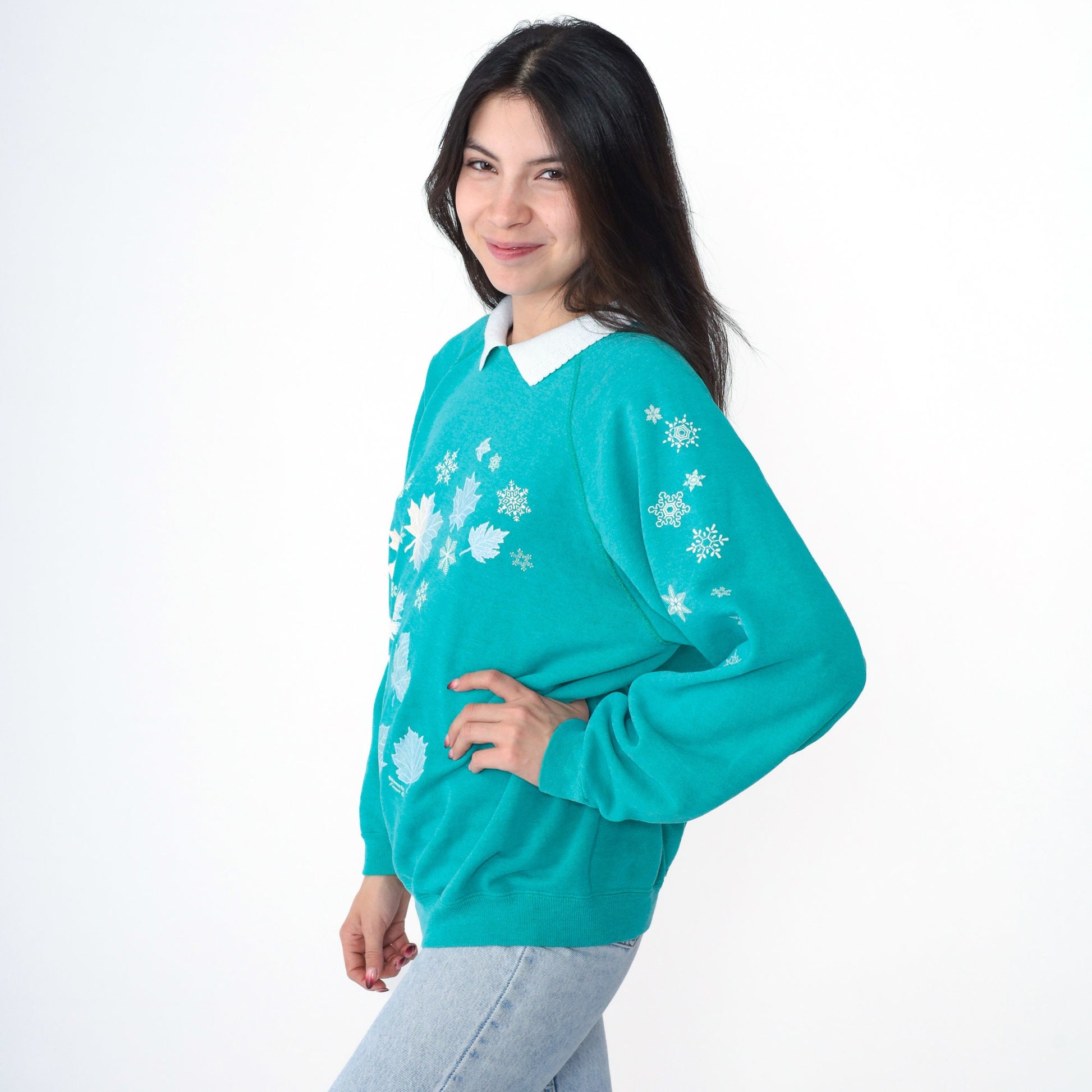 90s Leaf Snowflake Print Sweatshirt Teal Green Graphic Crewneck Large