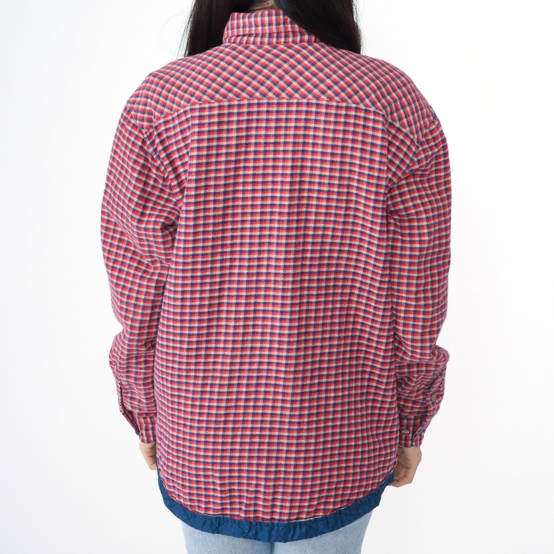 90s Red Plaid Quilted CPO Jacket Button-Up Blue Tan Checkered Large