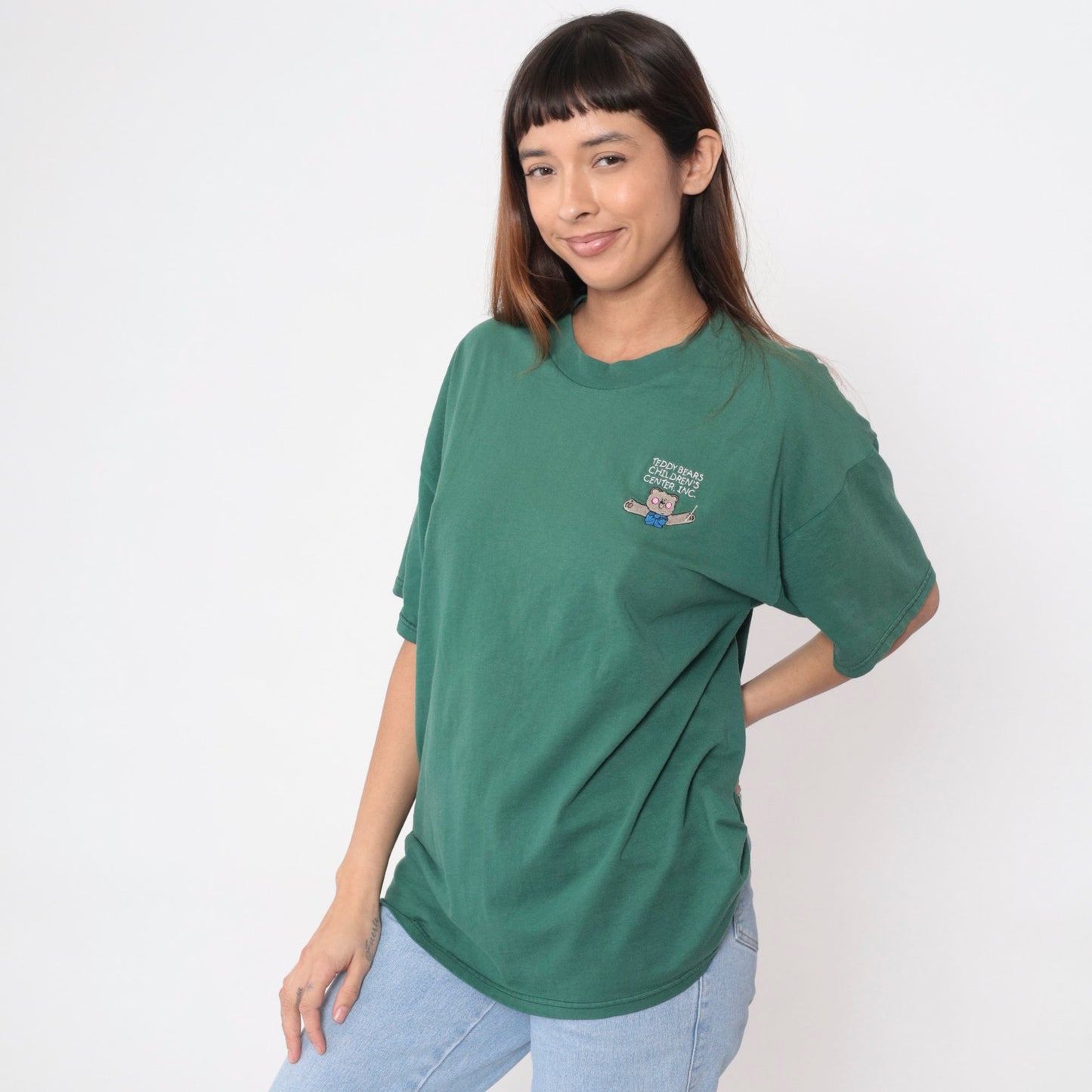90s Teddy Bears Children Center Embroidered T-Shirt Green Cotton Tee Extra Large XL