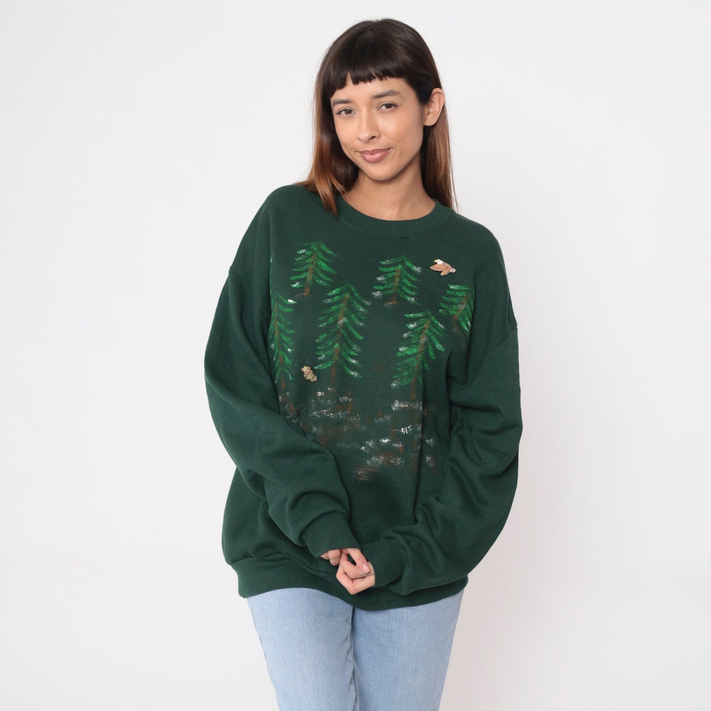 90s Hand Painted Forest Ranger Teddy Bear Eagle Sweatshirt Dark Green Extra Large XXL