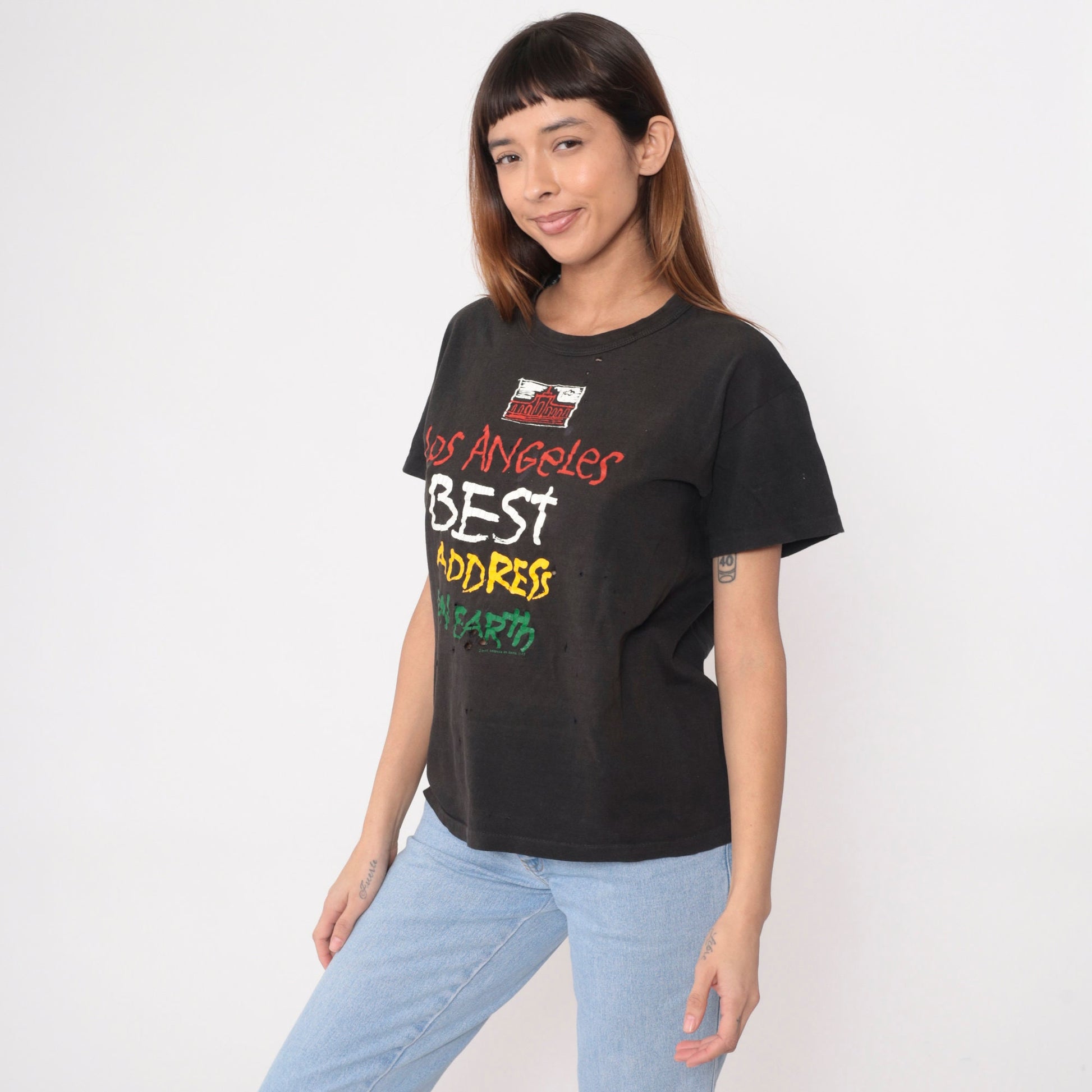 90s Los Angeles 'Best Address on Earth' Graphic Tee Black Distressed Medium