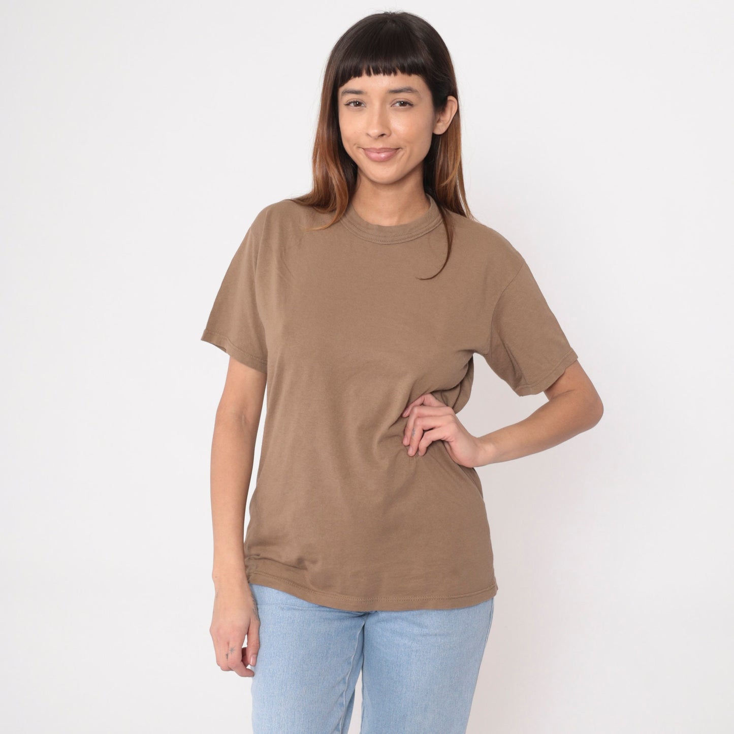 90s Plain Brown Cotton Crewneck T-Shirt Short Sleeve Medium