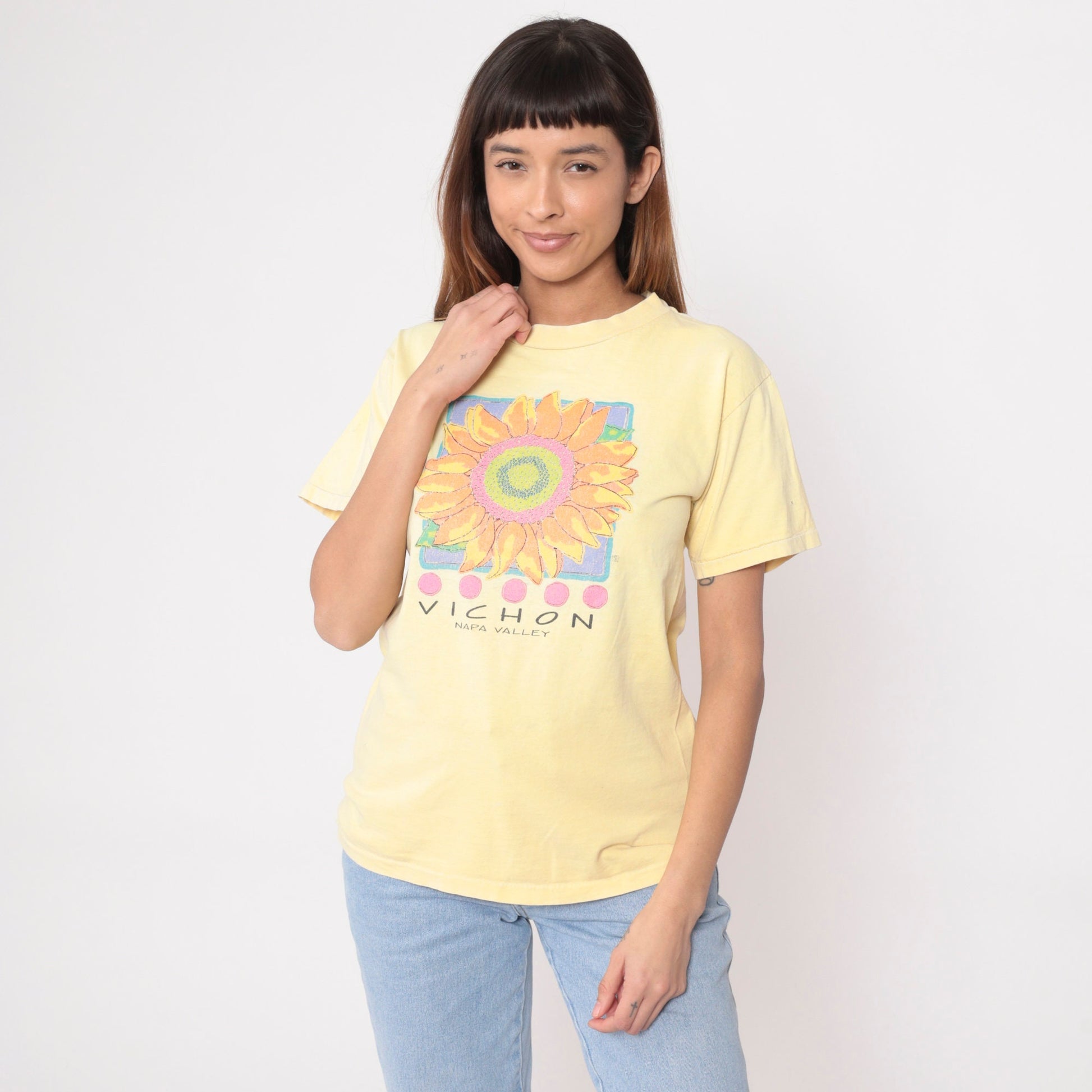 90s Vichon Napa Valley Winery Graphic Tee Yellow Sunflower Cotton Medium