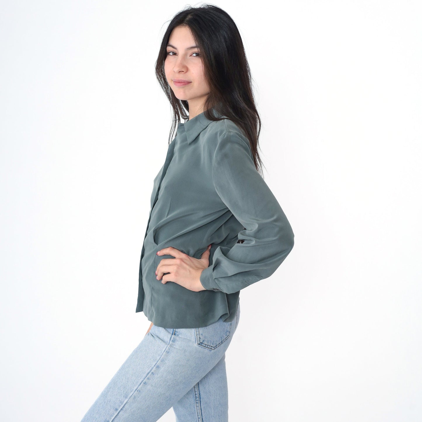 90s Liz Claiborne Grey Button-Up Blouse Long Sleeve Collared Shirt Extra Small XS