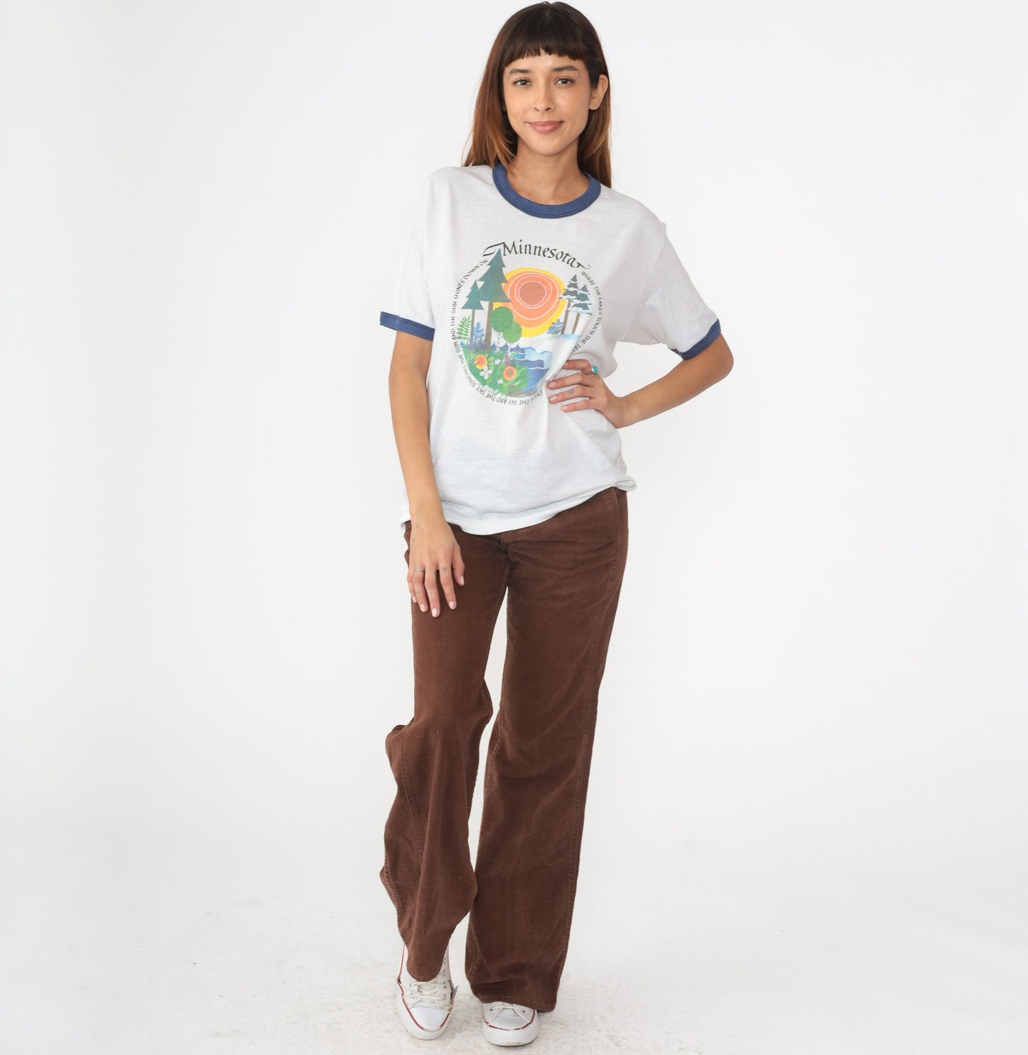 80s Minnesota Ringer Tee Graphic T-Shirt Where Lakes Touch Trees Medium