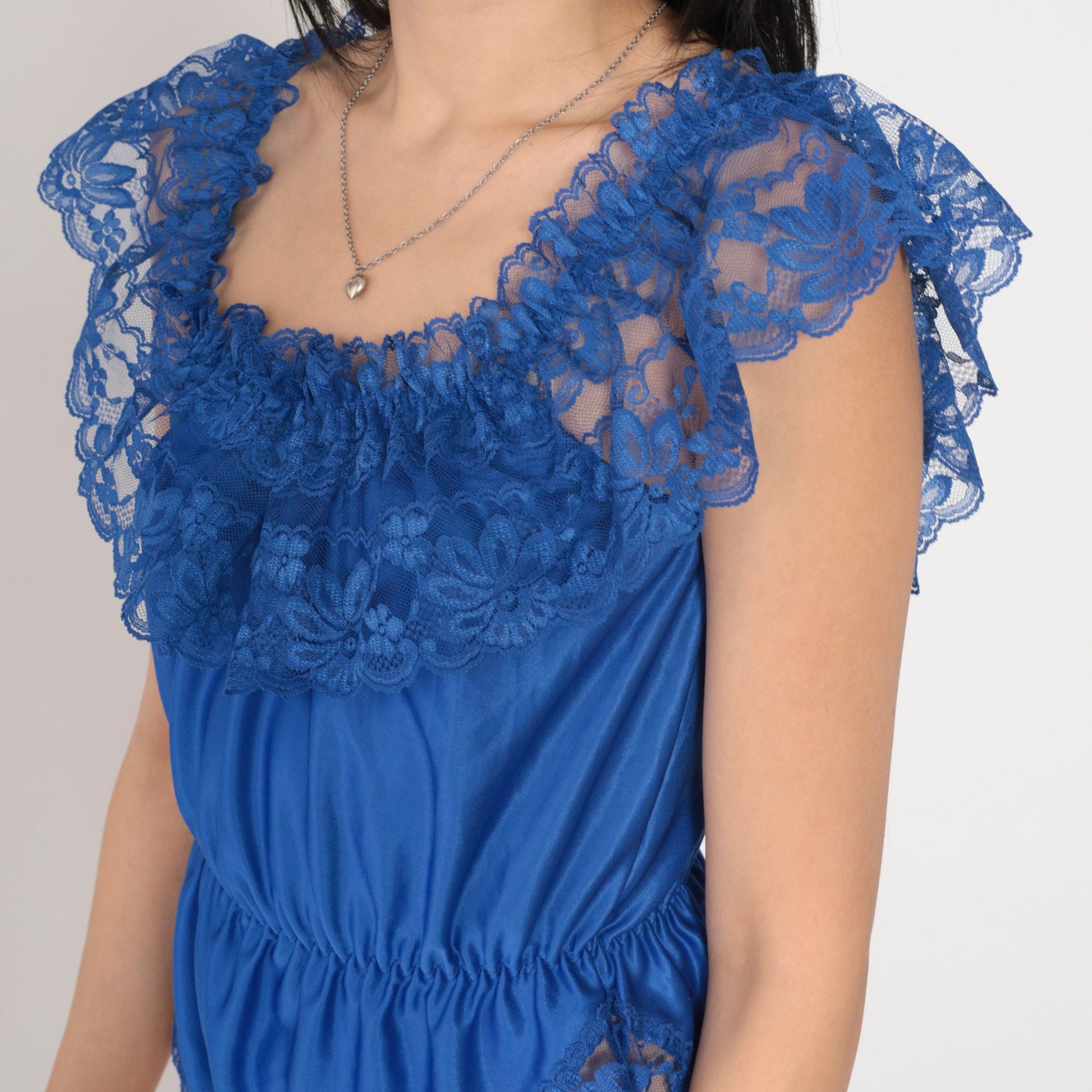 90s Blue Lace Teddy Bodysuit Ribbon Bow Nylon Lingerie Medium M