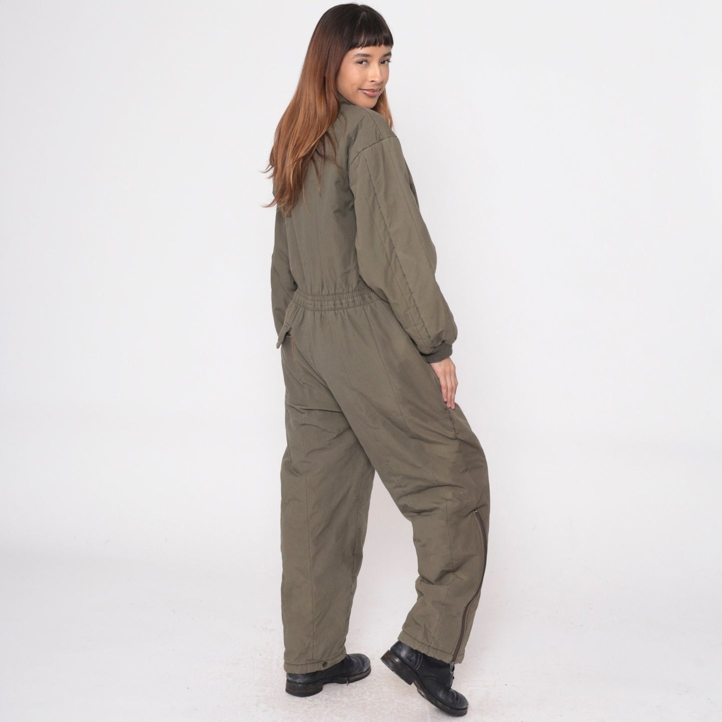 80s Snowmobile Coveralls Olive Green Insulated Jumpsuit Cargo Pockets Small