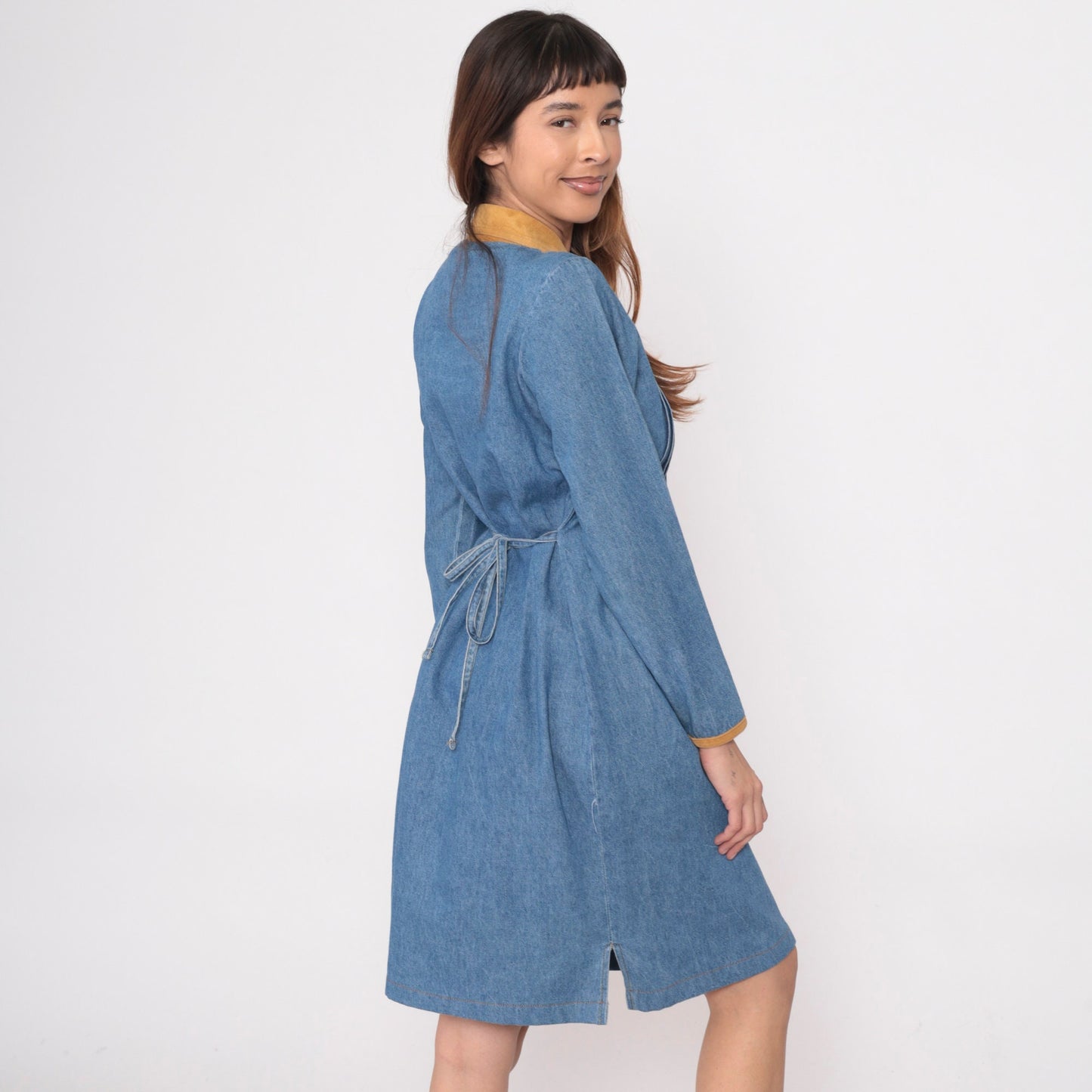 90s Studio Ease Blue Denim Shirtdress Corduroy Collar Knee-Length Small 6