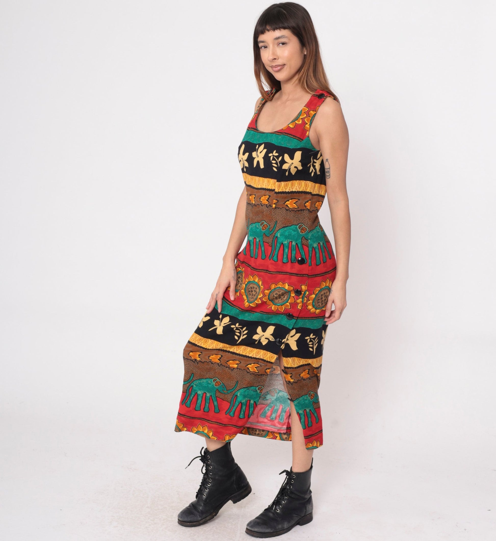 90s Tropical Elephant Sunflower Maxi Dress Striped Red Teal Sleeveless Medium