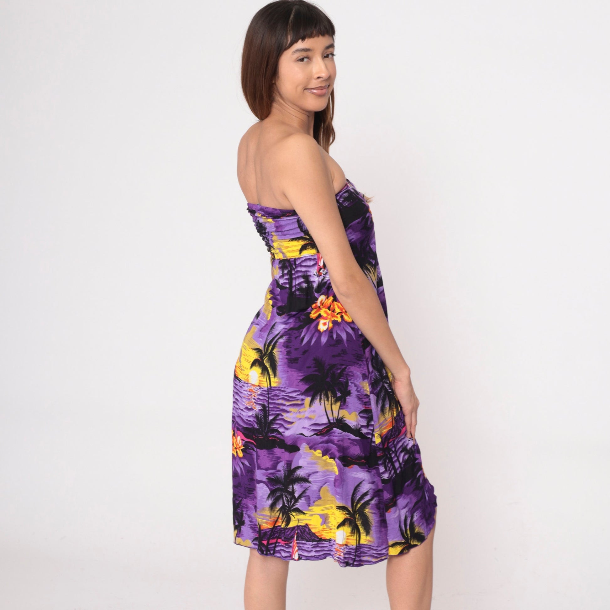 00s Purple Strapless Sundress Sailboat Palm Tree Print Empire Waist High Low Extra Small