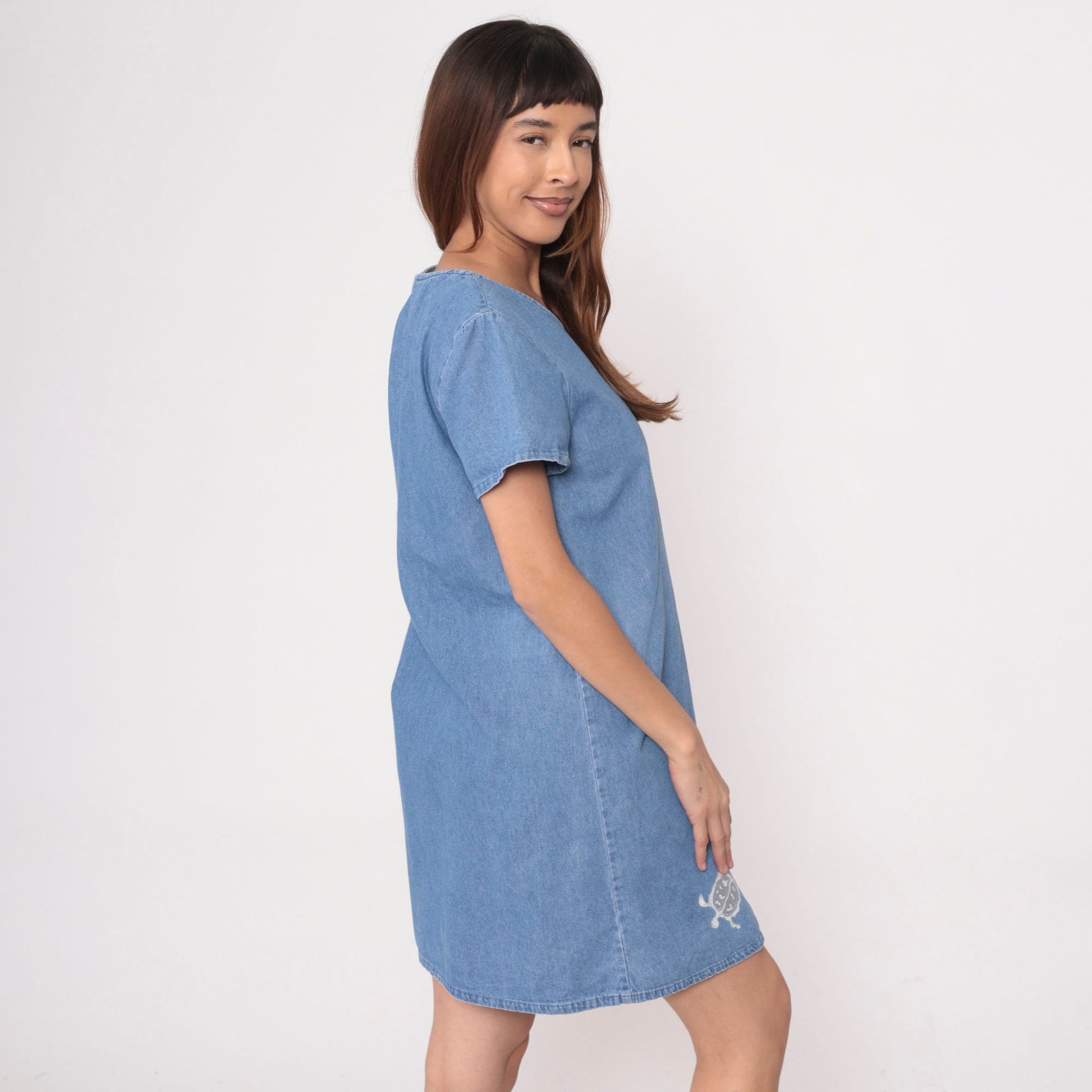 90s Sea Turtle Denim Mini Dress Blue Cotton Shift Short Sleeve Medium