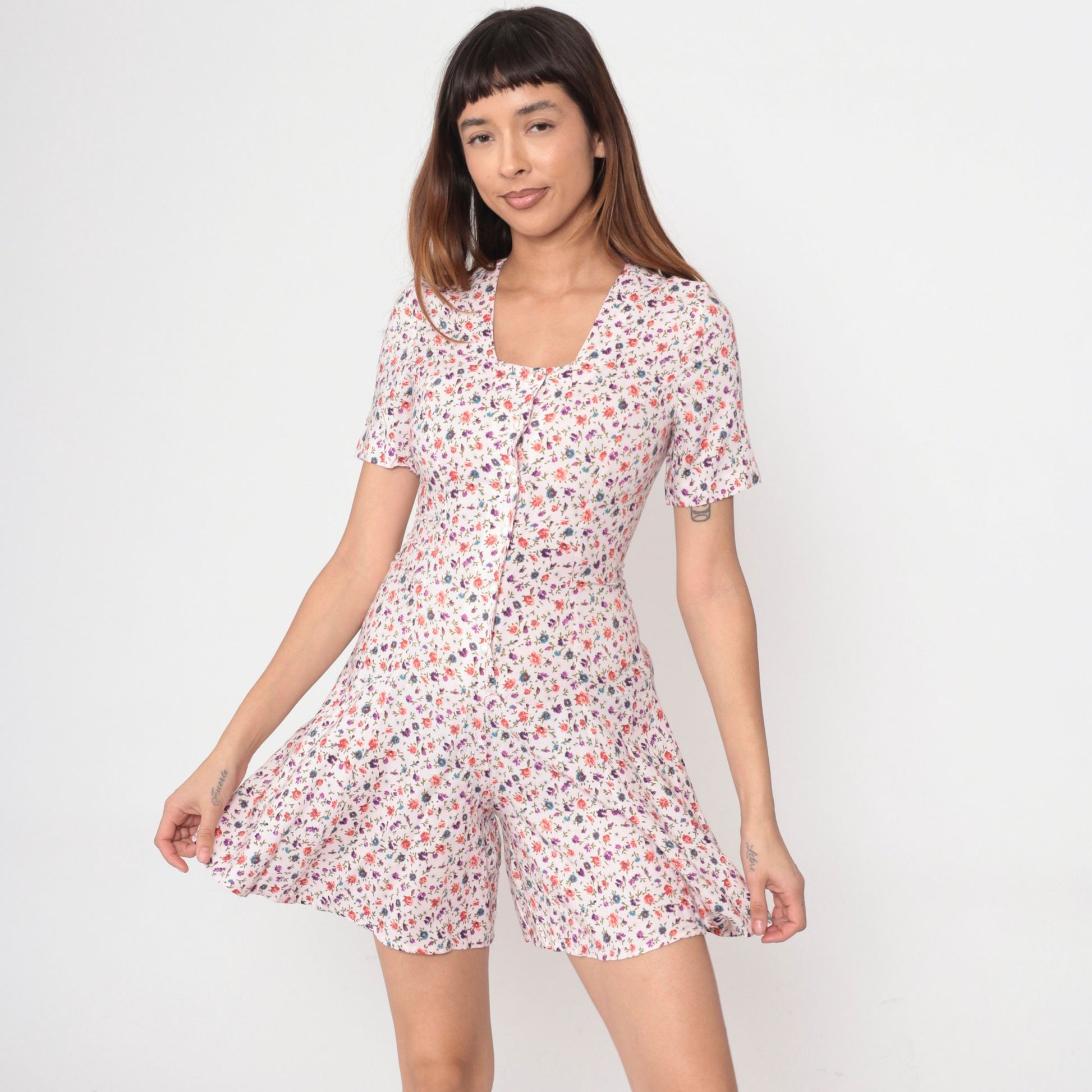 90s Pink Floral Rayon Romper Wide Leg Pearl Button Short Sleeve Extra Small