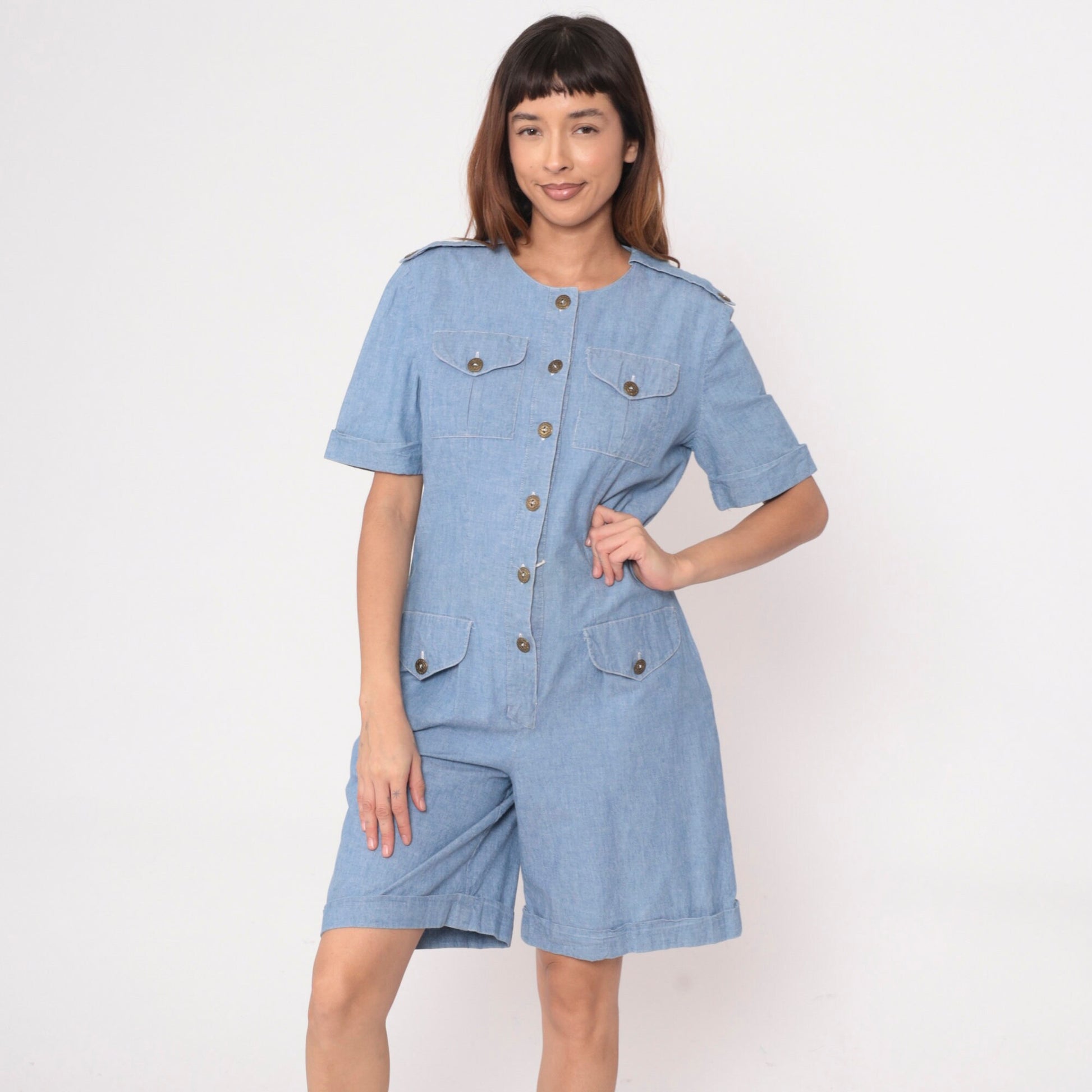 90s Leslie Fay Denim Romper Military Epaulette Chambray Playsuit Medium 8