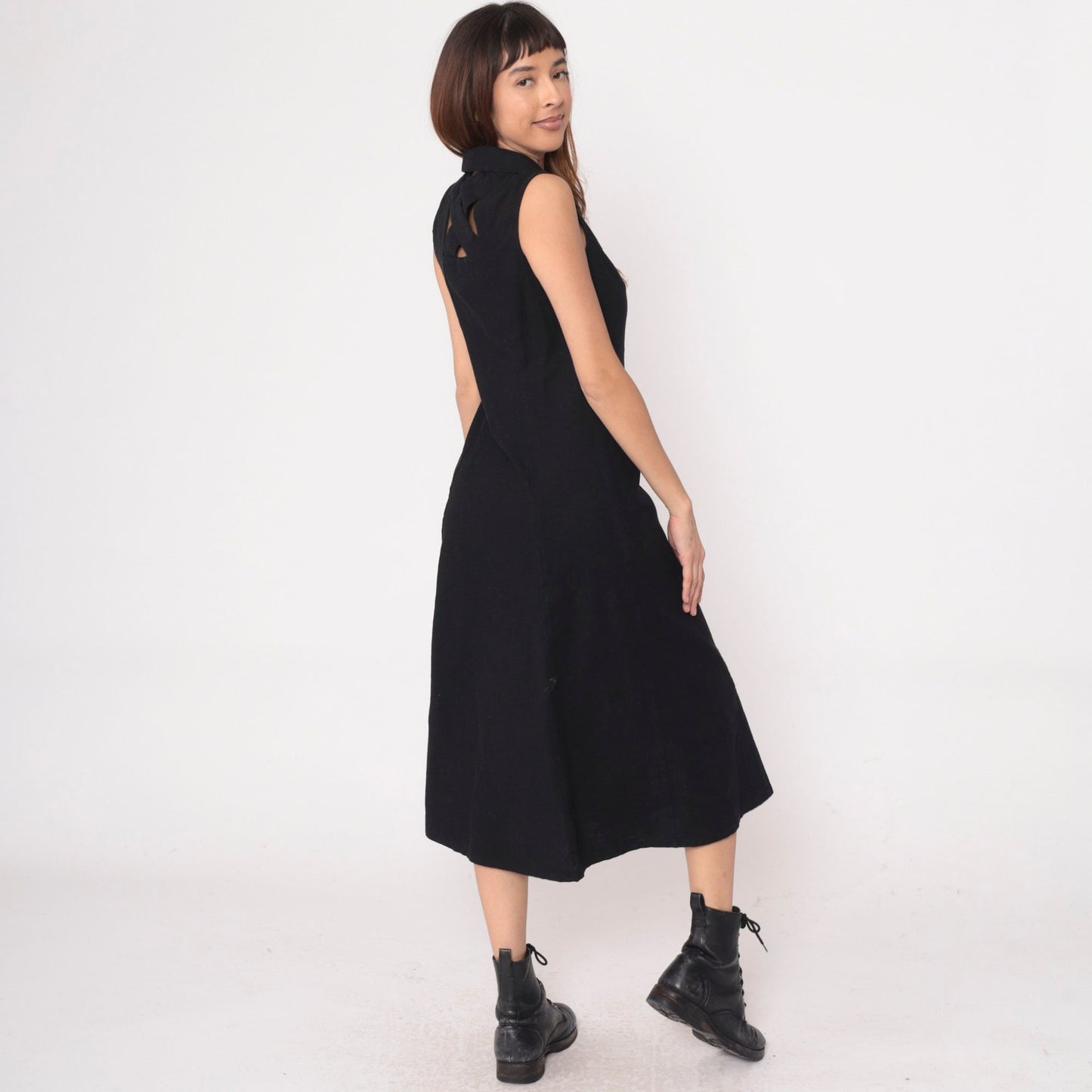 Y2K Black Linen Rayon Button-Up Midi Dress Cutout Back Small S