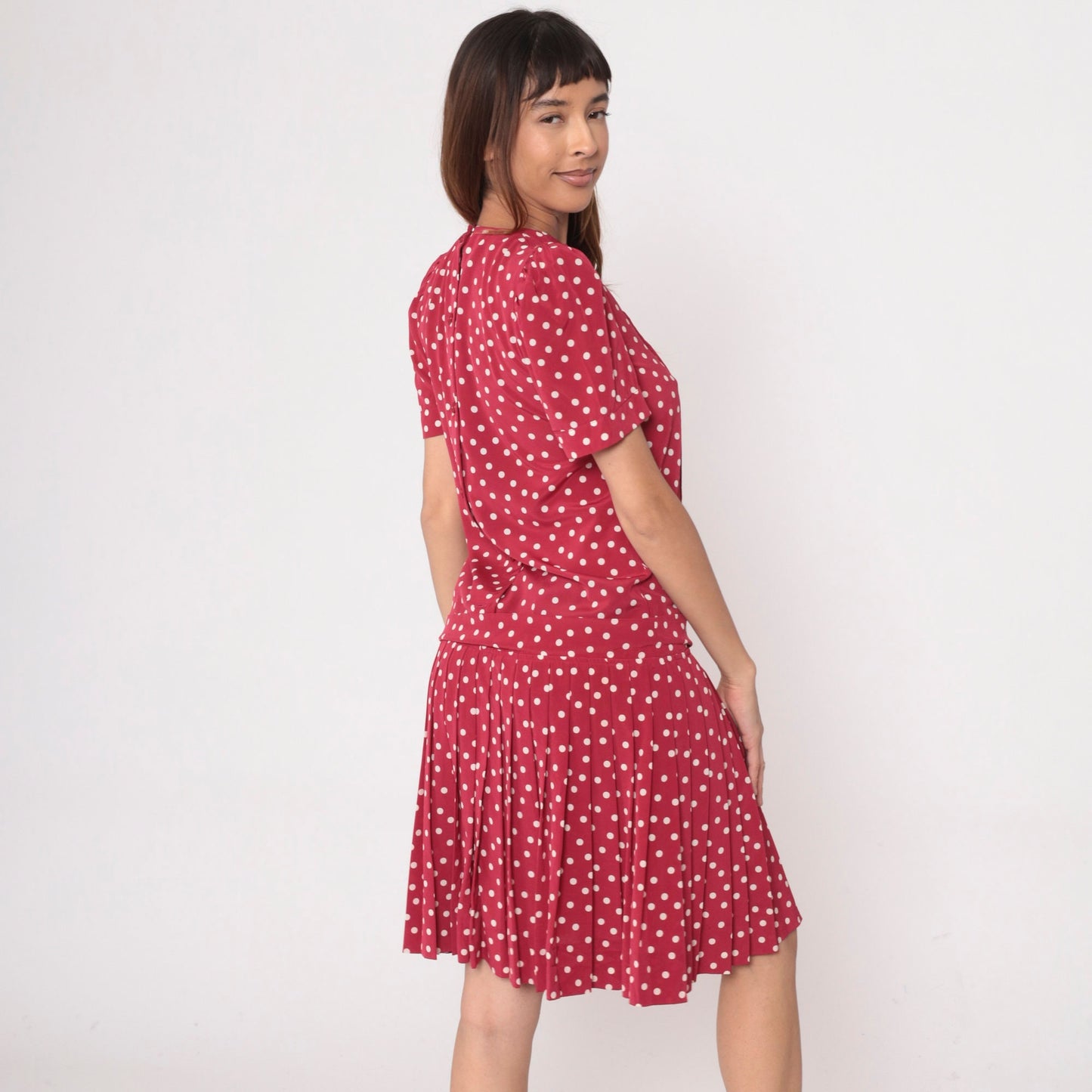 80s Albert Nipon Red Polka Dot Midi Dress Puff Sleeve Drop Waist Small