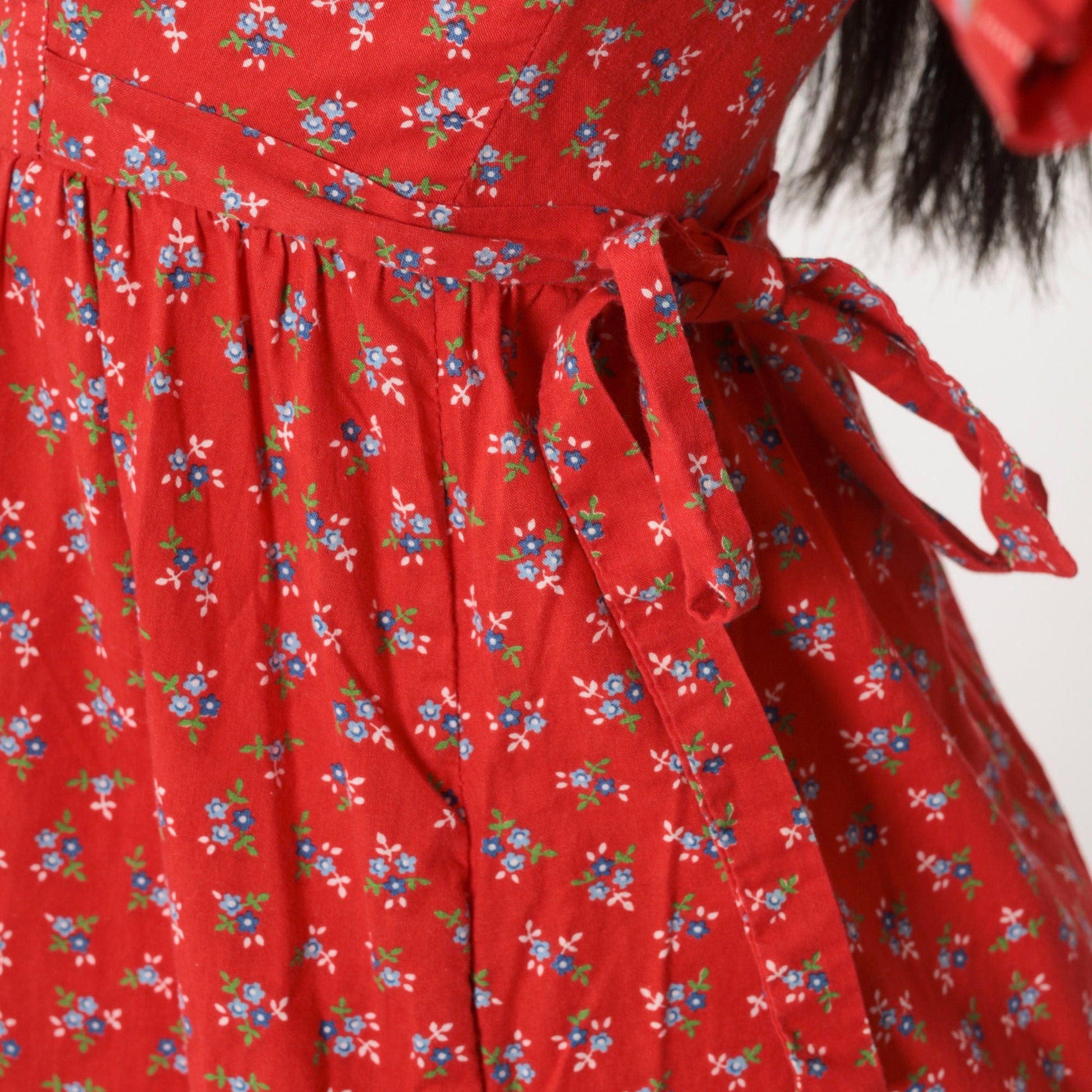 70s Lanz Original Red Floral Calico Midi Dress Empire Waist Tie Short Sleeve Extra Small