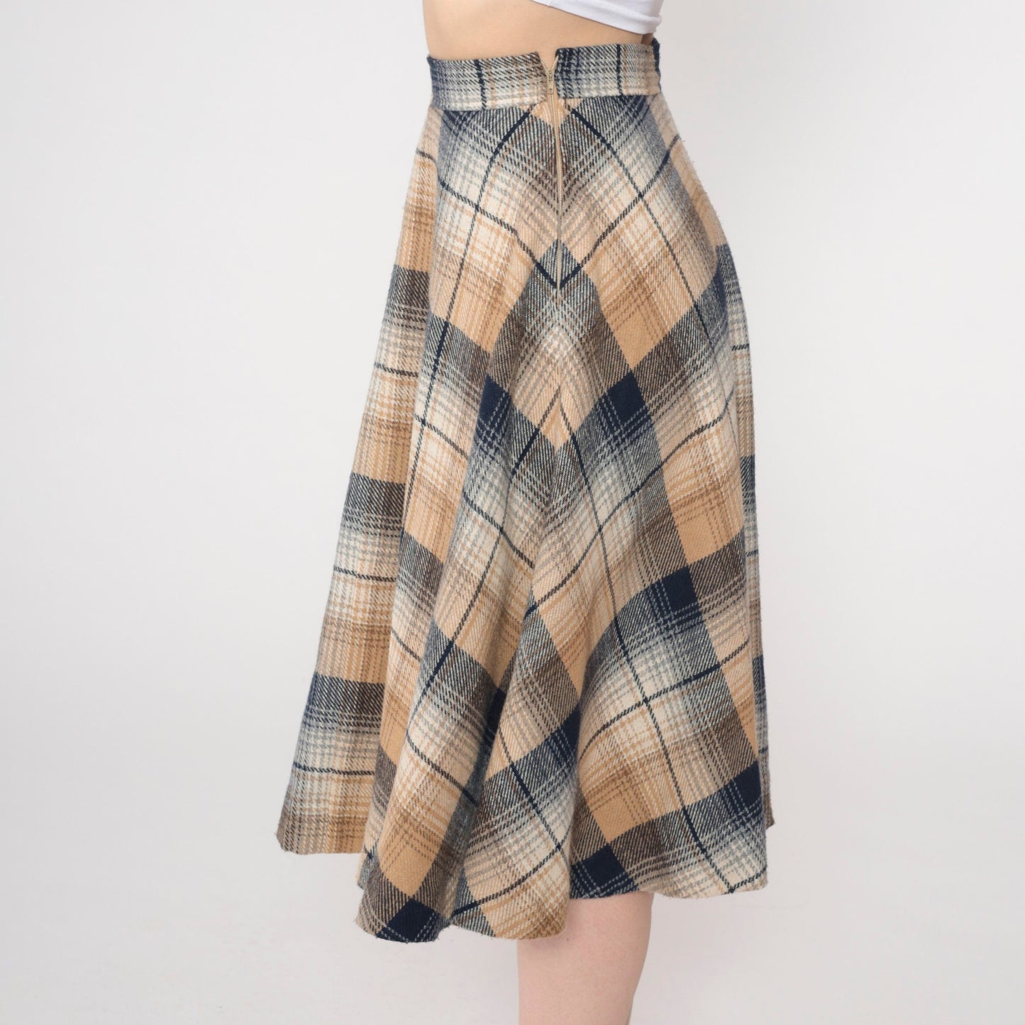 70s Plaid Midi Skirt High Waisted A-Line Tartan Navy Tan Extra Small