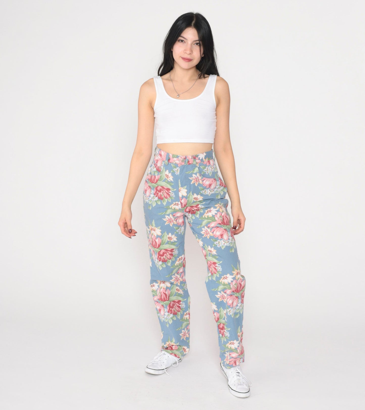 90s Blue Floral High-Waisted Straight Tapered Trousers Extra Small