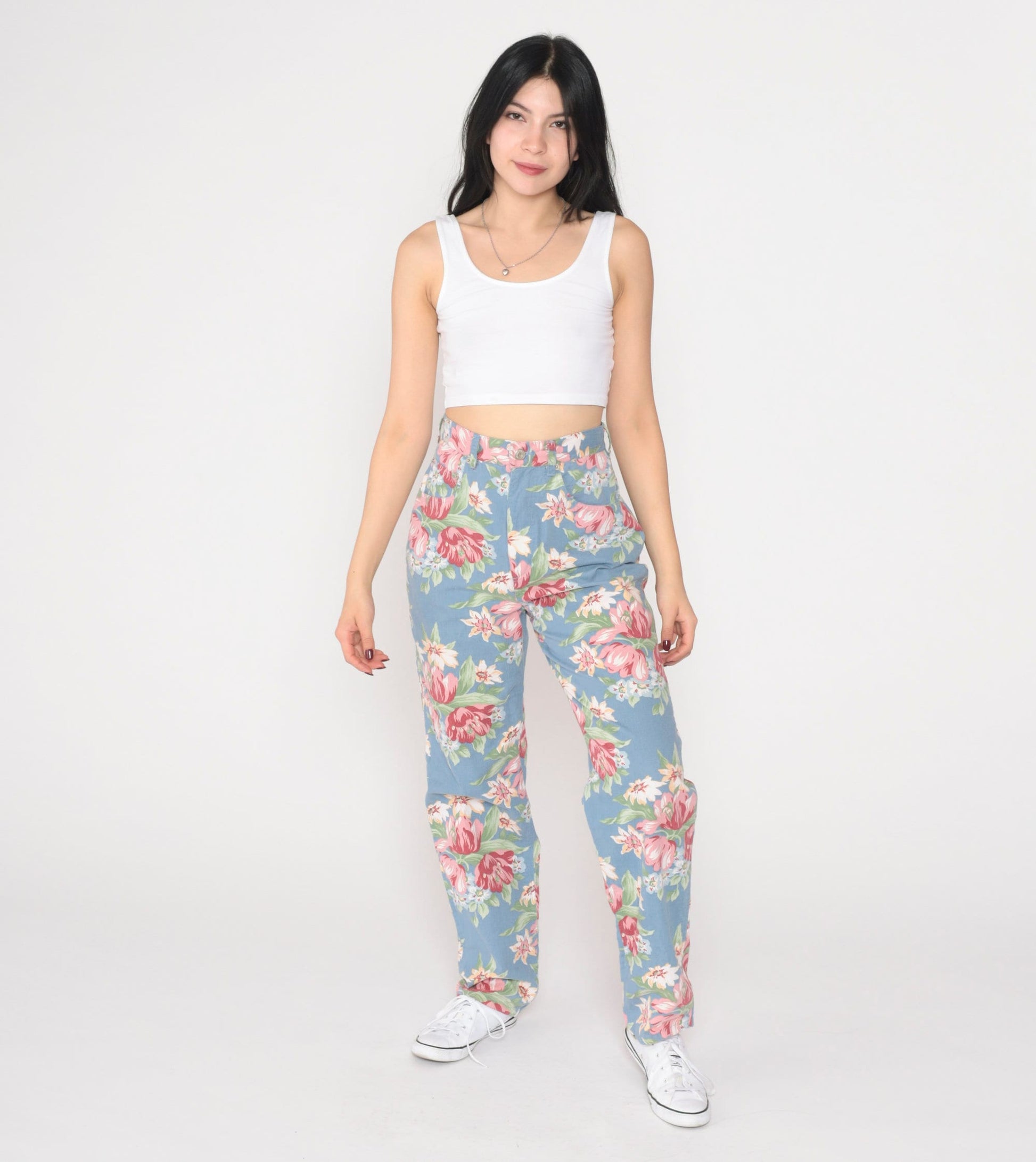 90s Blue Floral High-Waisted Straight Tapered Trousers Extra Small