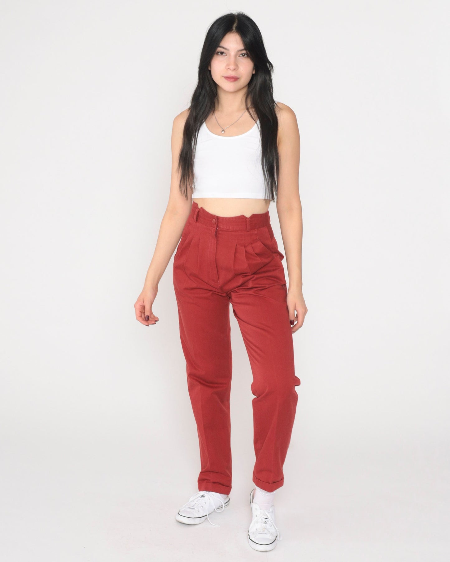 80s Red Pleated High-Waisted Tapered Trousers Extra Small XS