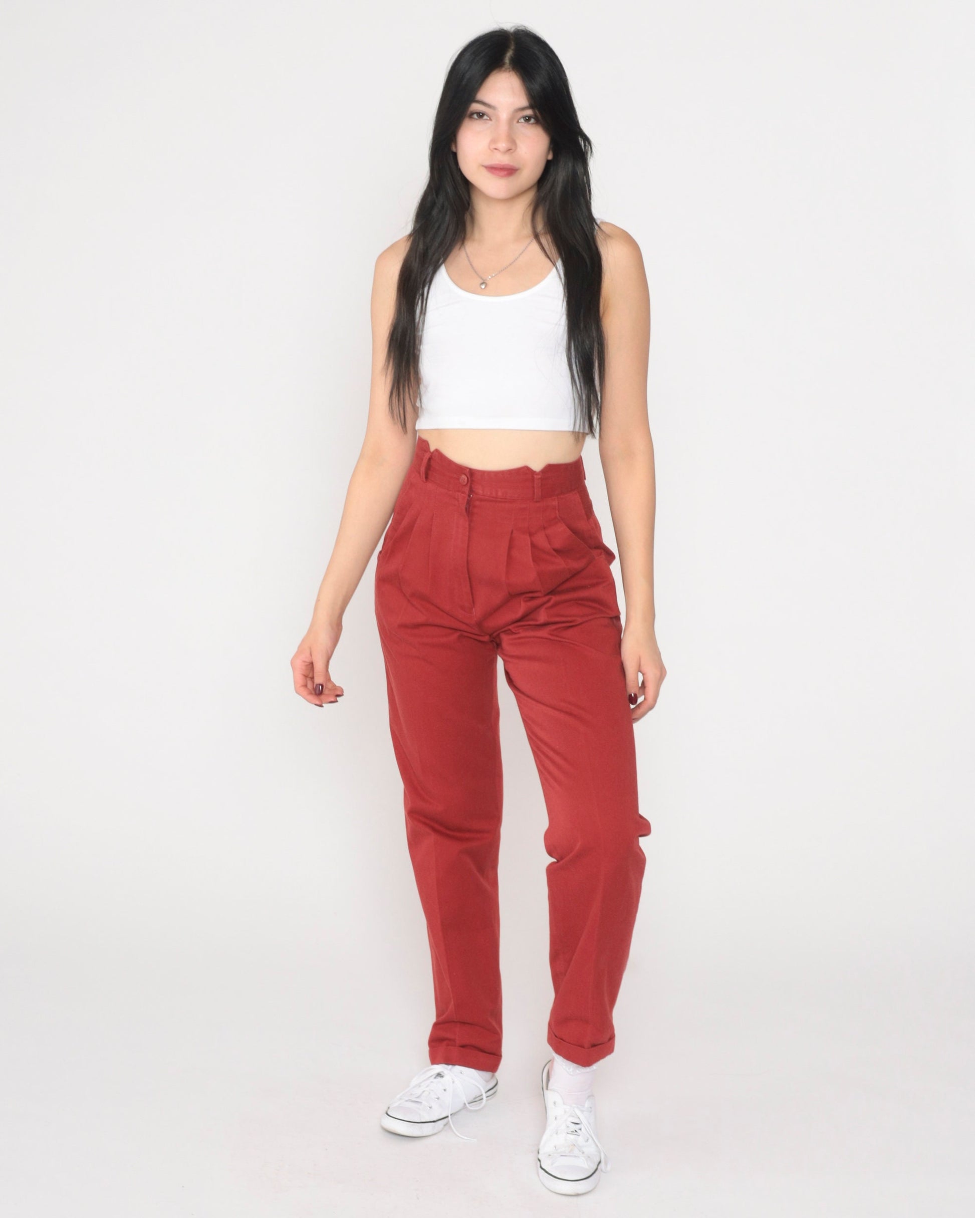 80s Red Pleated High-Waisted Tapered Trousers Extra Small XS