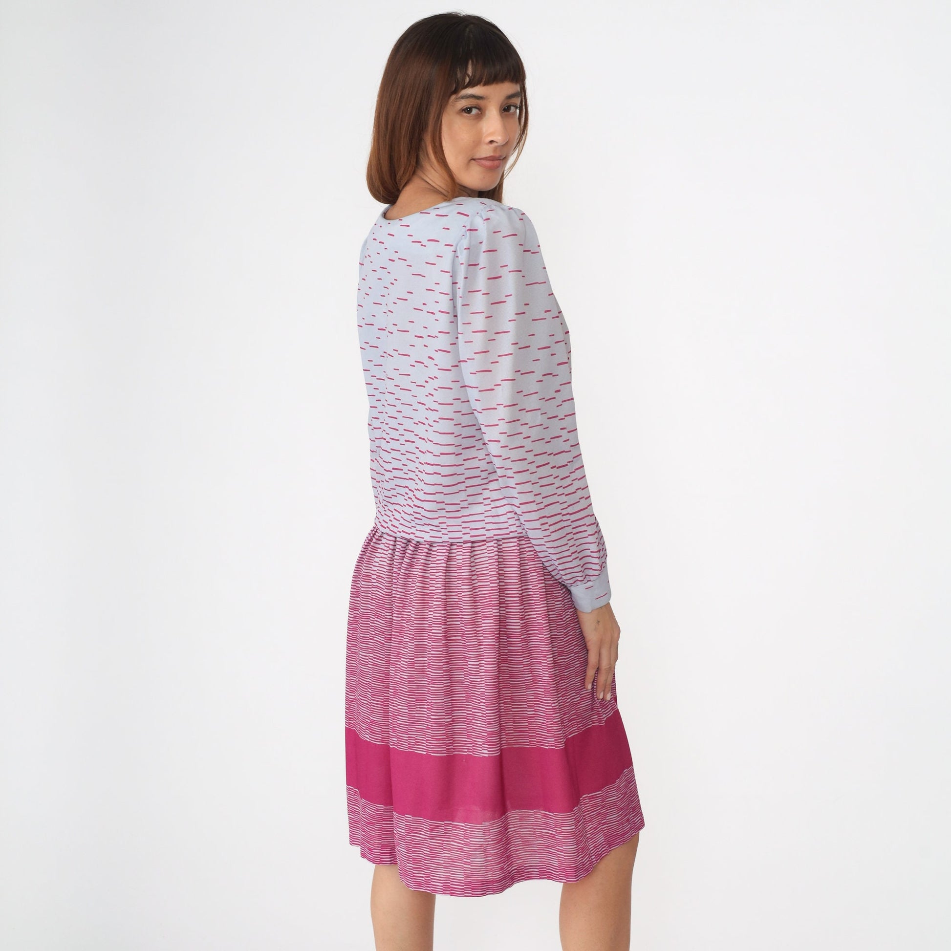 80s Puff Sleeve Midi Dress Periwinkle Hot Pink Drop Waist Small Medium
