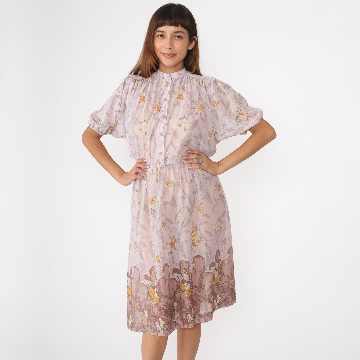 70s Lavender Floral Midi Dress High Waist Puff Sleeve Button Up Small